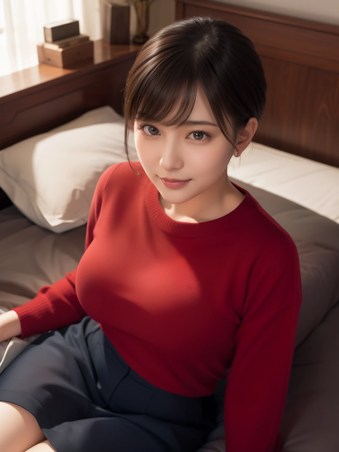 ((masterpiece))、((top-quality))、a picture、Realisticity、high-level image quality、ultra-detailliert、Delicate facial features、short-hair、Realistic backgrounds and accessories、large and soft chest、age 40s、married woman、Plump body、Pitch-dark bedroom、Sexy smile、Red Highneck Sweater、indirect lighting、Lie down on a plush bed、bustshot、thighs thighs thighs thighs、From above、