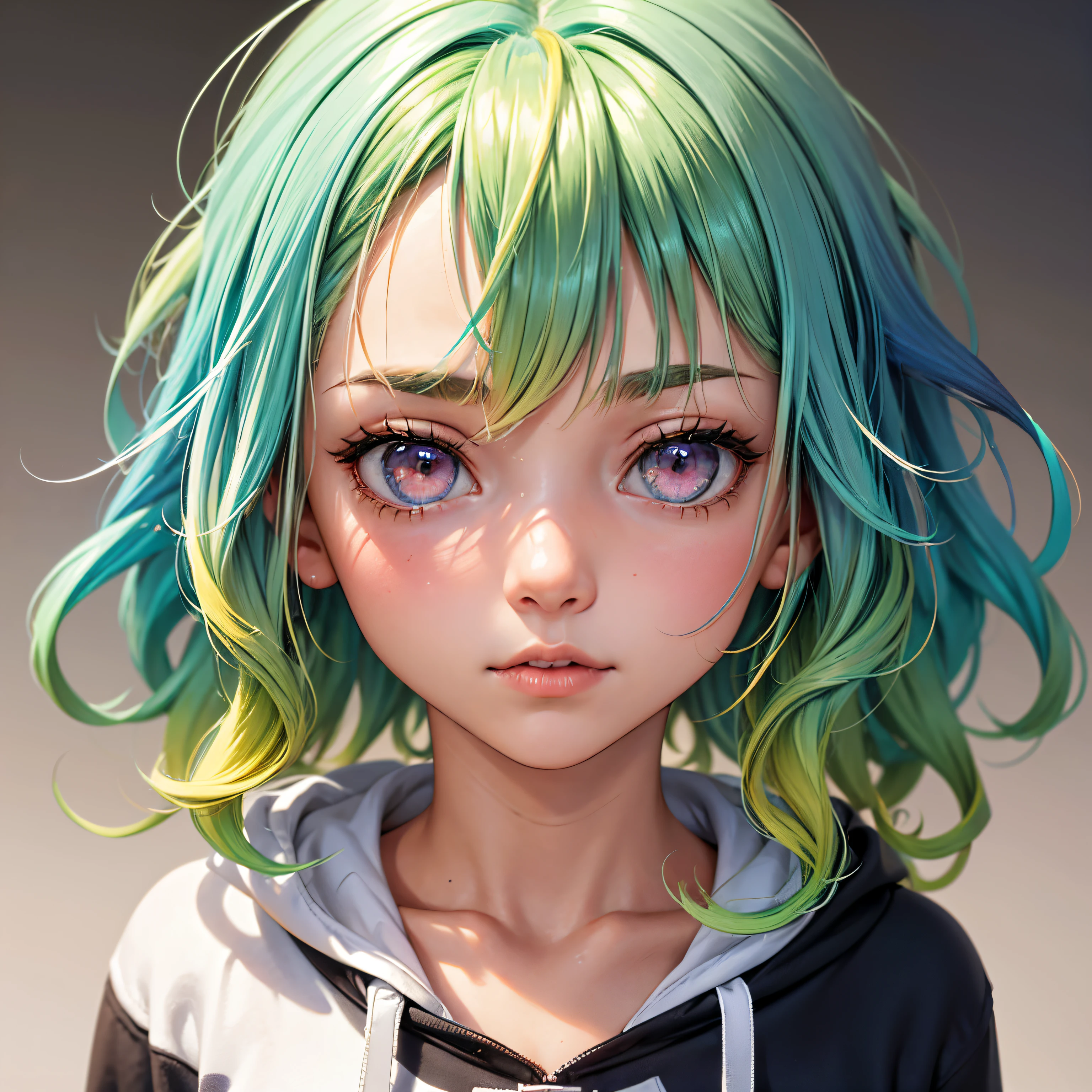 1girl in, Solo, Solo Focus, Cowboy Shot, Portrait, oversized hoodie, Aqua green and white hoodie, Half Aqua, Half Green, ((Brown hair)), (Yellow hair), (Gradient Hair :1.5), Curly hair, ((Pink eyes)), ultradetailed eyes, asa, (Caramel Black Skin:1.1), Best Quality, Ultra-detailed, White background, Simple background,Naked,