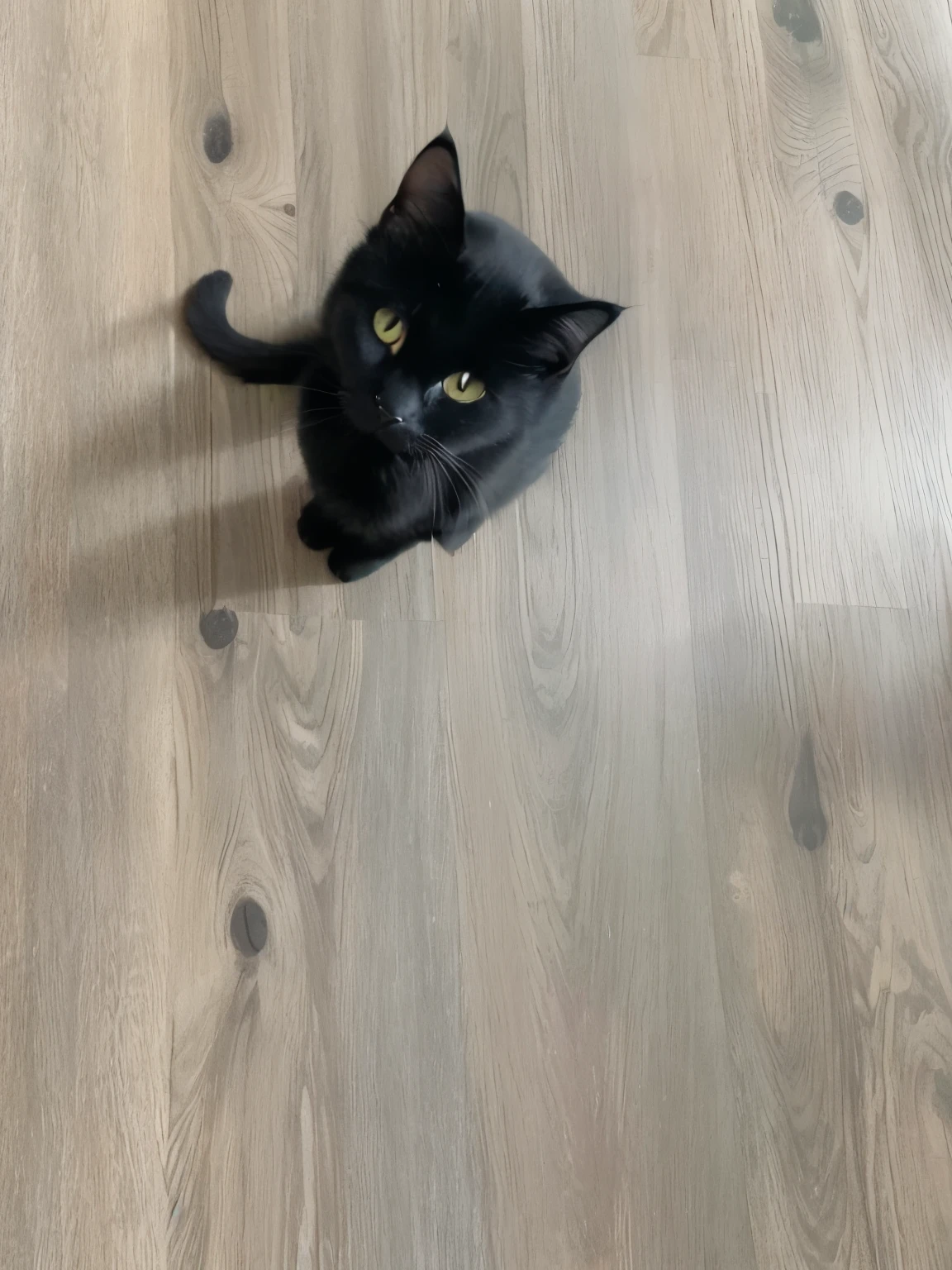 there is a black cat sitting on a wood floor looking up, black cat at her feet, looking down on the camera, looking straight to the camera, black cat, looking to the camera, is looking at the camera, looking up at the camera, looking straight into the camera, looking into the camera, staring into the camera, crawling towards the camera,realistic portrayal