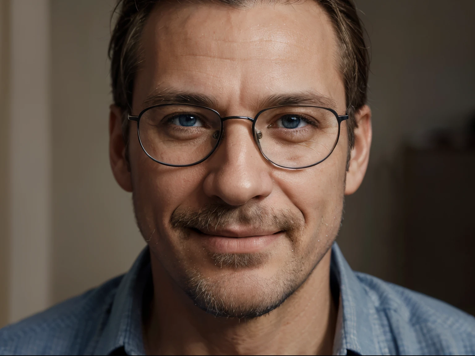 (highres,realistic),(middle-aged gentleman),(blue shirt),(eyeglasses),(detailed eyes),(facial hair),(kind smile),(calm expression),(natural lighting),(soft colors),(portrait),(subtle background),(neutral pose),(professional),(studio quality)