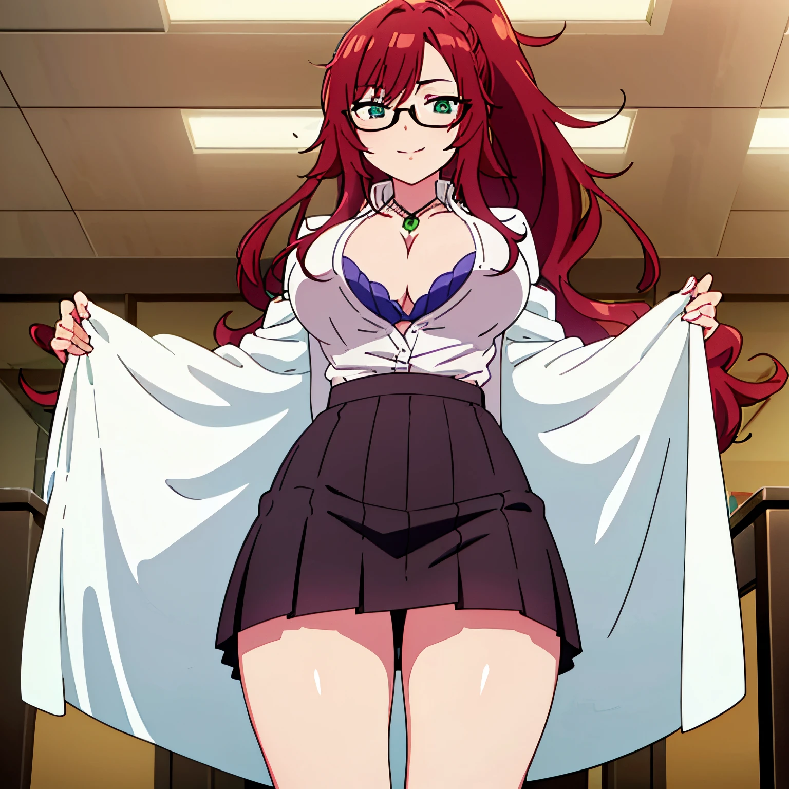 1 girl, alone, yakuzen kusuri, young, teenager, 18 years old, long hair, wavy hair, dark reddish hair, ponytail, locks with two divisions on the head, locks on both sides of the face, turquoise eyes, wear glasses, reddish glasses on face, good hands, Good anatomy, bewildered, seductive, smiling, closed mouth, POV (from below), Masterpiece, Best quality, 1 girl, only, Sexy posture, chemistry classroom, laboratory , white robe, Robe, sleeves folded around the elbows, neckline, underwear, purple bra with black lace, necklace with green gem around the neck, black skirt, miniskirt, Black loafers, Black stockings, stockings that cover the calves, , closed mouth, big tits, medium waist, medium hips, wide thighs, looking at her own tits in a bikini, They smile (wet clothes, transparent : 1.2), (White shirt), Wet, closed mouth, They smile,