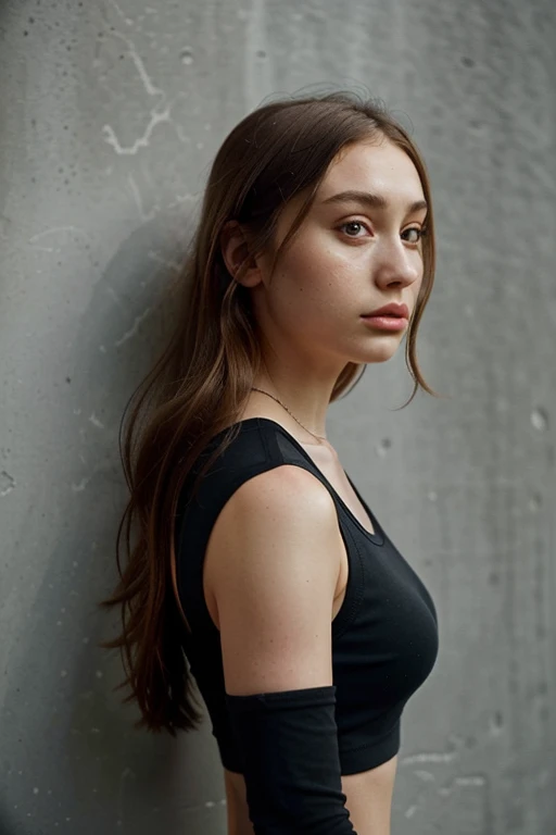 there is a woman in a black top and a black jacket, portrait sophie mudd, , thick neck, 24 year old female model, angelawhite, violet myers, 22 years old, she is wearing a black tank top, 21 years old, profile image, italian, Alycia Debnam-Carey, looking straight ahead,hazel eyes, realistic, post-processing, maximum detail, against a wall, wearing nike sports bra