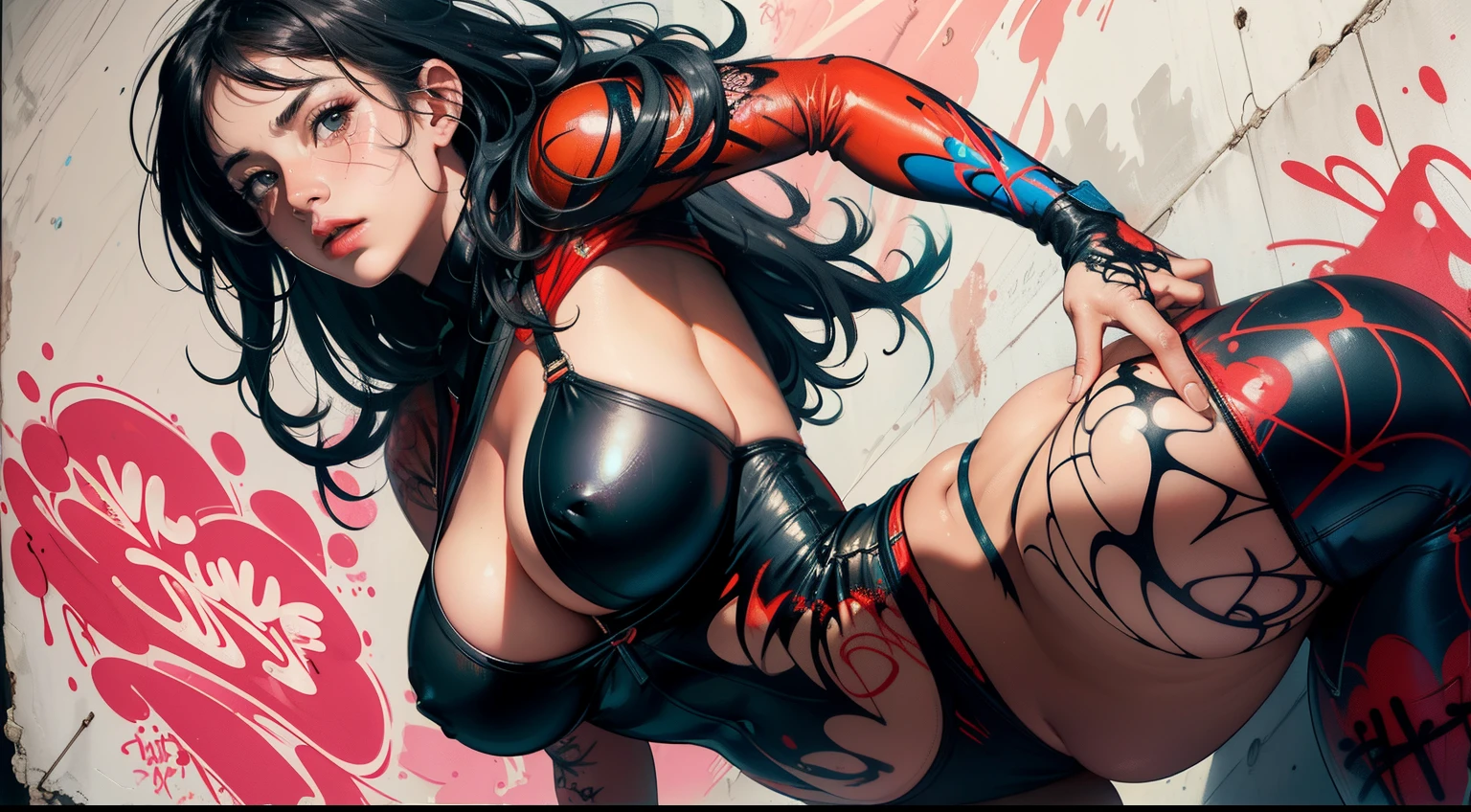 close up, full color painting of low angle view, beautiful super hero Spider-woman wearing a lace swimsuit, big tits, under a red down jacket, posing in turning one's back of a grocery store, leather boots, fishnet stockings, nice body, hyper detailed face, comic style, centerfold poster girl, (((graffiti art) (by carne griffiths))), GRAPHITI wall background, insane details, intricate details, hyperdetailed, low contrast, soft cinematic light, dim colors, exposure blend, hdr, front, petals for salma, masterpiece, realistic, ultra high res, high quality