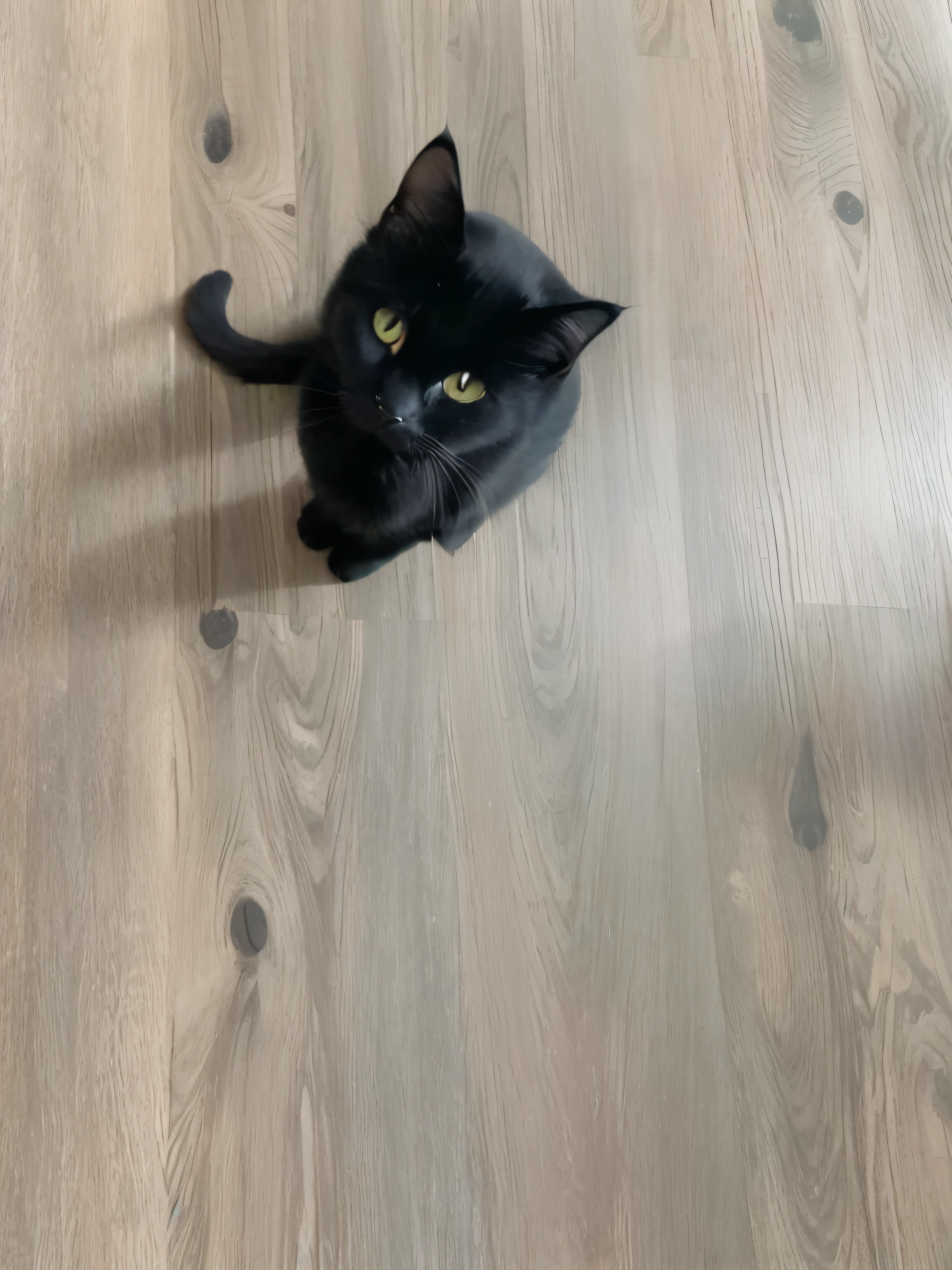 there is a black cat sitting on a wood floor looking up, black cat at her feet, looking down on the camera, looking straight to the camera, black cat, looking to the camera, is looking at the camera, looking up at the camera, looking straight into the camera, looking into the camera, staring into the camera, crawling towards the camera,realistic portrayal