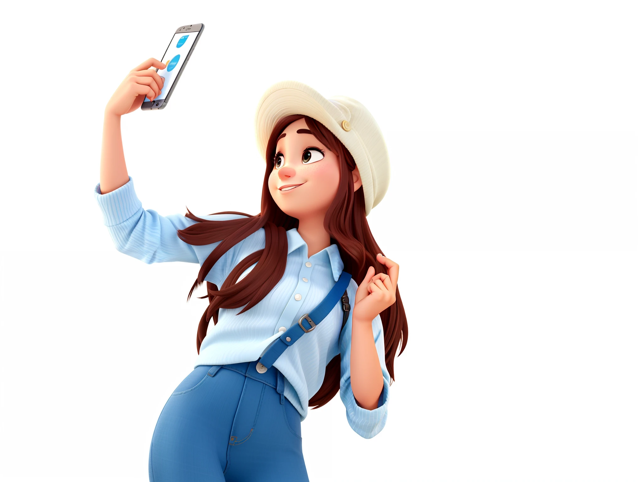 uma mulher segurando um celular, estilo disney pixar, alta qualidade