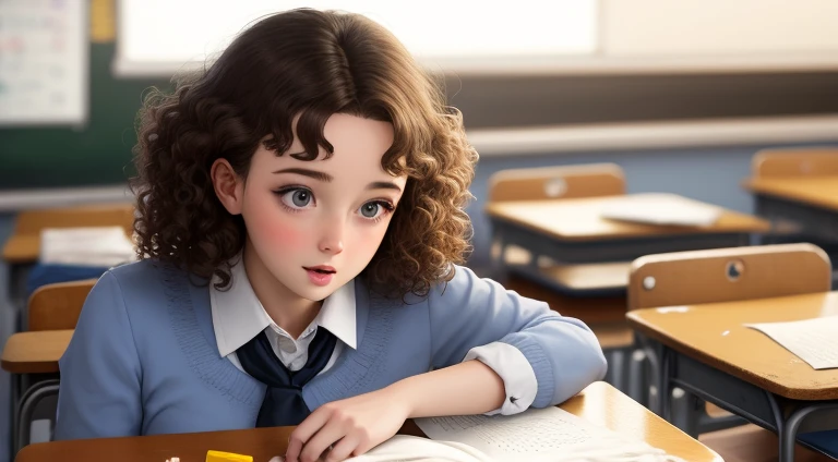 Curly brunette teacher desperate with confusion of messy little students