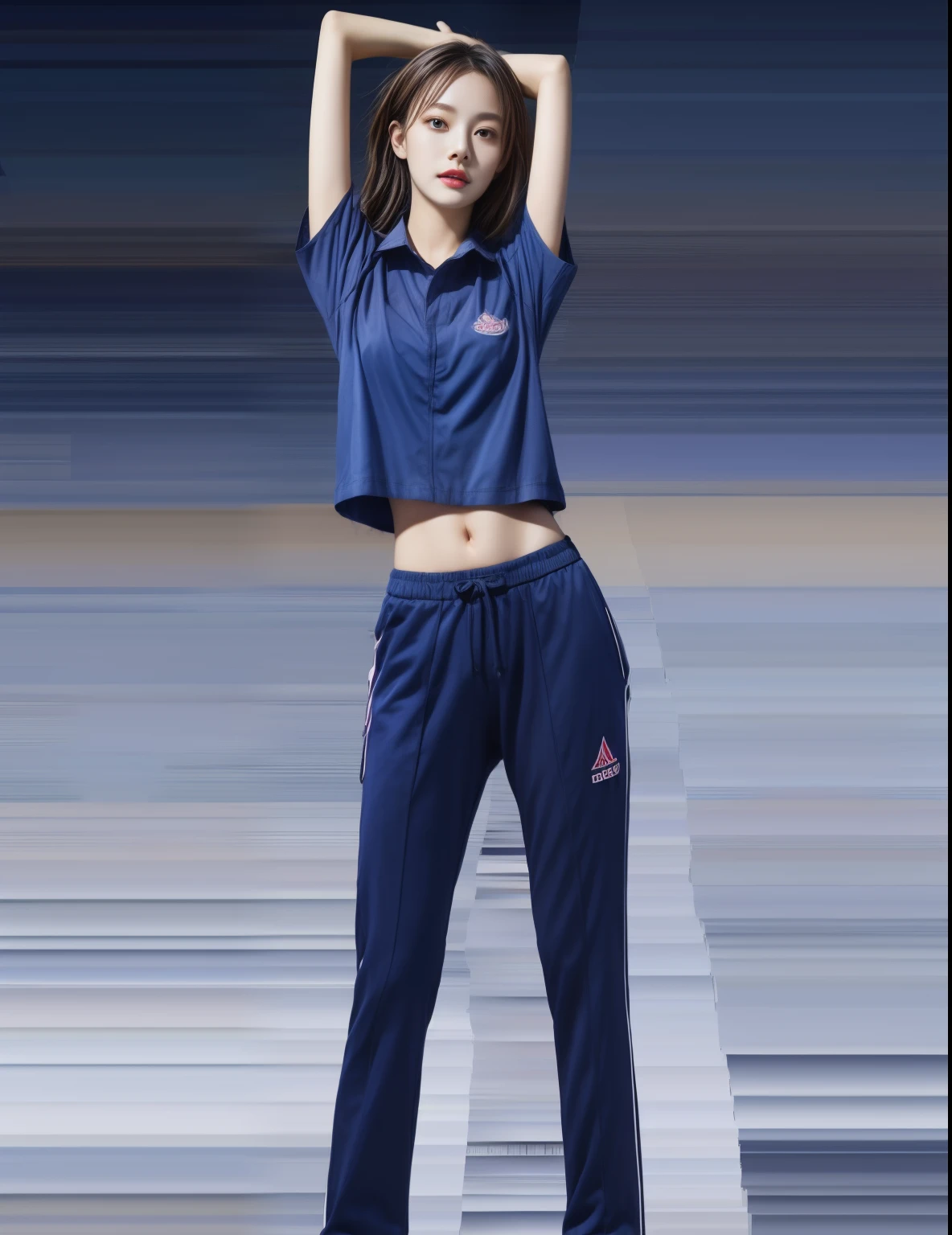 (bestquality,10,10,highres,masterpiece:1.2),ultra-detail,(Realistic,photorealistic portrait,photo-realistic:1.37),1 Cute girl in the football field,oily shiny skin,bara,light smile,BDclothes,((blue shirt:1.3)),short sleeves,shirt, trousers.,(navy_long_Pants Track:1.1), ((Stadium Background:1.3)),dynamic angle,excited,face focus,Dynamic Poses,from behide,Ass Focus,masterpiece, bestquality, ultra realistic, hyper-detail, 8k resolution, RAW photo, crisp focus, ((Navy blue shirt:1.1)), short sleeves, Long Path, Perfect body, 2 mature women, 18yo, cinematic light,Blue sweatpants,Gymware,Correct anatomy,Complete body, Correct body, sharp face, Anatomically correct body, full entire body, Realistic gestures, long-haired, Realistic poses,Wear long shorts.............,Long leg span,Shapely,Sculpting Girl, Slender Figure, mannequin mannequins, Shapely, Beautiful body,Blue sweatpants