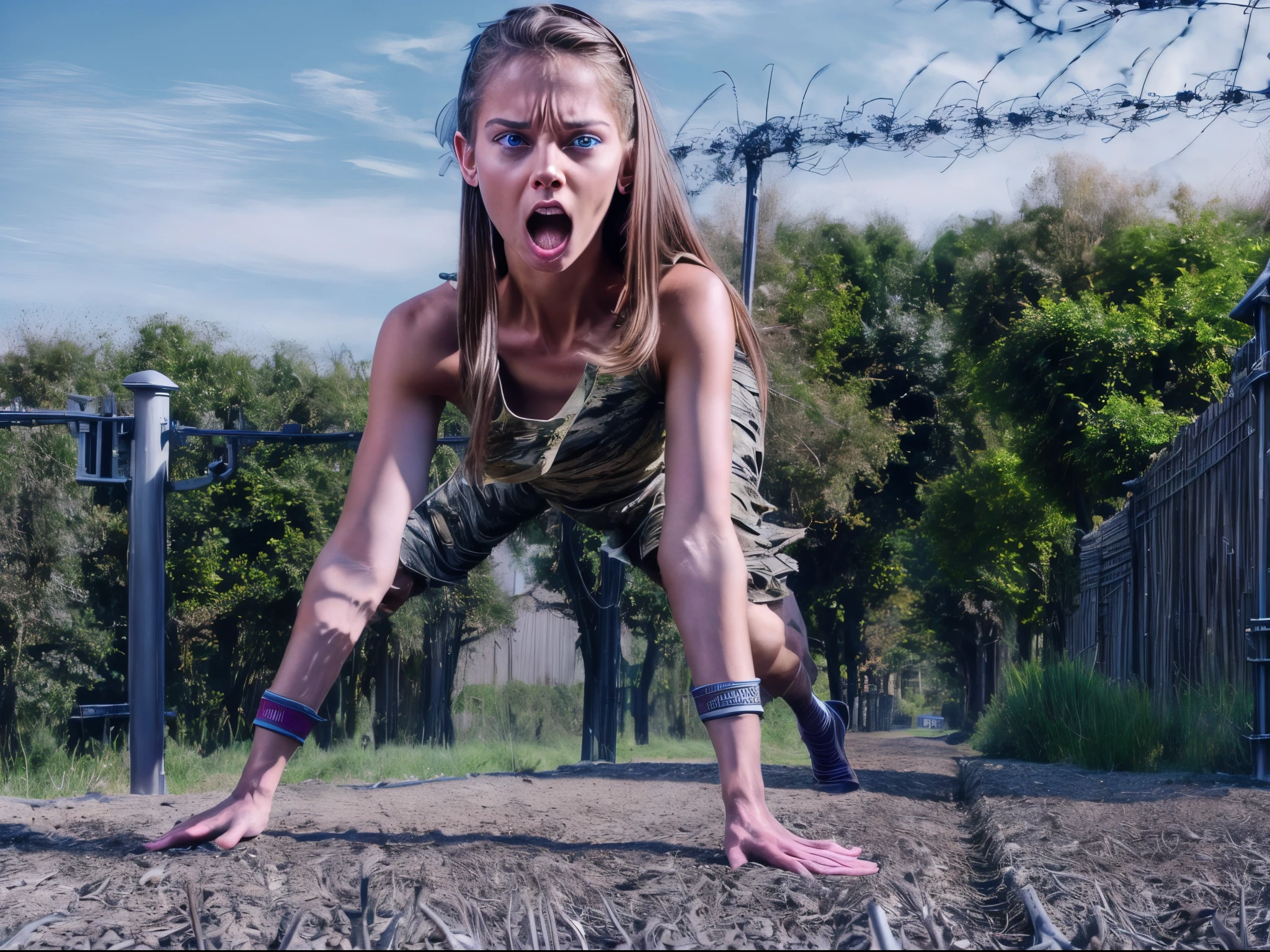 (masterpiece), realistic, cinematic light, 3 soldier girls, crawling forward while crawling through the barbed wire fence, outdoor, ultra miniskirt, full body, beautiful eyes, silver hair, perfect anatomy, very cute, (blue eyes) , bioluminescence, 8 life size,8k resolution, human hands, elegant, approaching perfection, dynamic, highly detailed, character sheet, concept art, smooth, facing directly at the viewer positioned so that their body is symmetrical and balanced, stunningly beautiful teenage girl, detailed hairstyle, her eyes tear up as she hold back the pain, open mouth and stick out tongue, from below and side, fractal art, torn camouflage uniform, carrying a sniper rifle, from below, 15yo