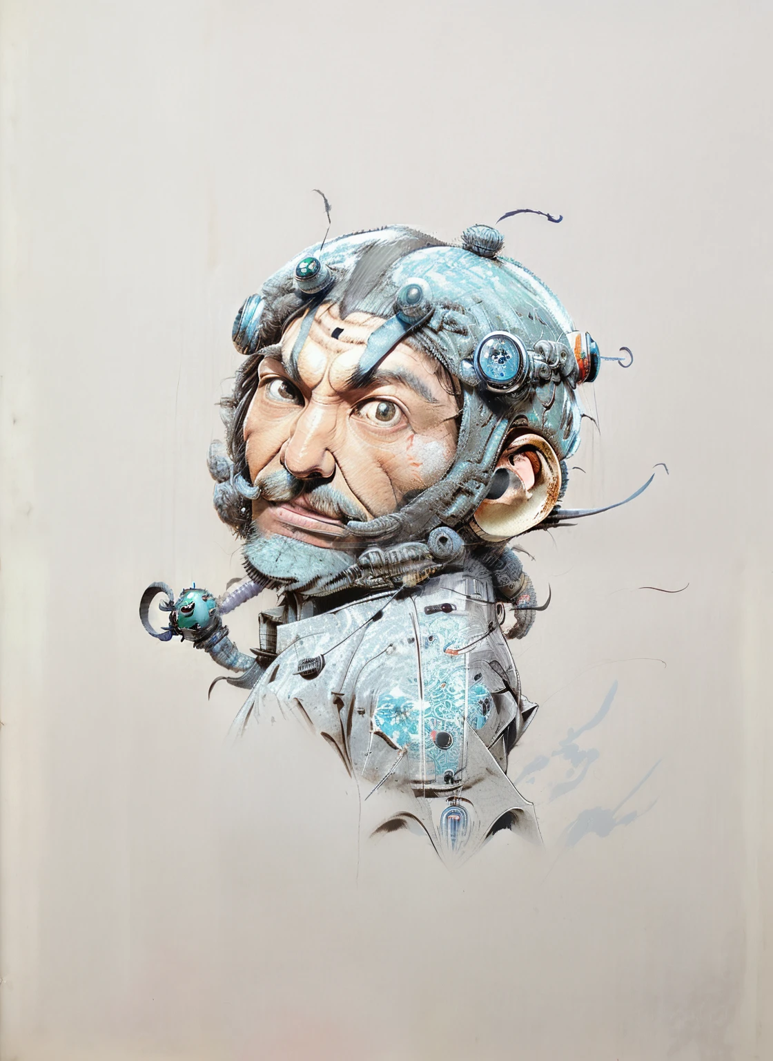 One with a clock on his face、Drawing of robot carrying backpack, anthropomorphic robot [ thing ], creepy explorer sketch, portrait of a small, octopus wearing a spacesuit, as an anthropomorphic turtle, gray anthropomorphic, Portrait of Spider-Man, Minions as Lovecraftian Monsters, pencil doodle, Portrait of Lucha Libre DJ