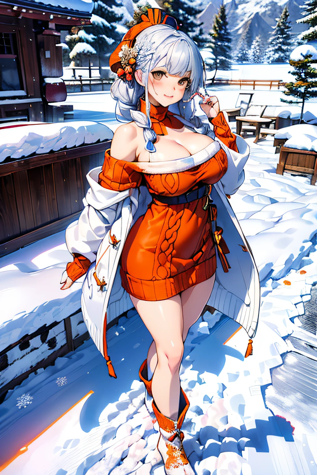 (ukiyoe painting:1.3),(3D Animation:1.3),(((in snow:1.3))),(covered in snow:1.3),(((Snow on the body:1.3))),(Make the subject look three-dimensional with the contrast of light and shadow),(((Winter snowy mountain climbing scenery:1.3))),cute and beautiful adult woman,Cute round face,Cute smile,with blush cheeks,Red Lip,(((Orange Open Short Duffle Coat:1.3))),(((Off-the-shoulder sweater dresses:1.3))),Knitted hats,long boots,gloves,(silver white hair,Floral braided headband,half up、Floral Braided Space Van,Voluminous Fishtail Braids,Twisted chignon,),(Bangs are see-through bangs),hair pin,hair adornments,(((Emphasize large breasts:1.3))),breast slip,detailed clothes features,Detailed hair features,detailed facial features,(Dynamic angles),(Dynamic and sexy poses),profetional lighting,Cinematic Light,(masutepiece,top-quality,Ultra-high resolution output image,) ,(The 8k quality,depth of fields,Anatomically accurate facial structure,),(Sea Art 2 Mode:1.3),(Image Mode Ultra HD,)