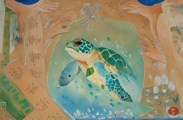 A painting of a sea turtle trapped in a plastic bag in the ocean, There are many hands around trying to persecute it,In the foreground is a newspaper about ocean pollution and sea turtle homelessness,The background is a turtle that was unable to be born successfully on the beach.