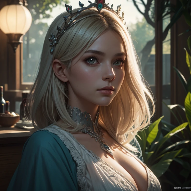 Uma Mulher com cabelo platinado:, em um vestido de flores de gelo, a beautiful crown on her head, Rosto detalhado, pele detalhada, frente, fundo floresta congelada, cobrir, Deszoom, Gargantilha, pintura hiperdetalhada, Luminismo, bar lighting, Complexo, concept art portrait by Greg Rutkowski, Artgerm, WLOP, Alphonse Mucha, little fusion pojatti realistic goth, fractal isometrics details bioluminescens : um atordoamento, Roghness style, Background Clean,
Hyper Realistic, Ultra High Definition, Super Detailed, 16k,
Natural Lighting, Medium Exposure, Soft Shadows, medium contrast,
Professional Color Grading vivid,Tone mapping,VFX,
Ray tracing reflections, Exposure lights lumen, Anti-aliasing TSR, HDR,