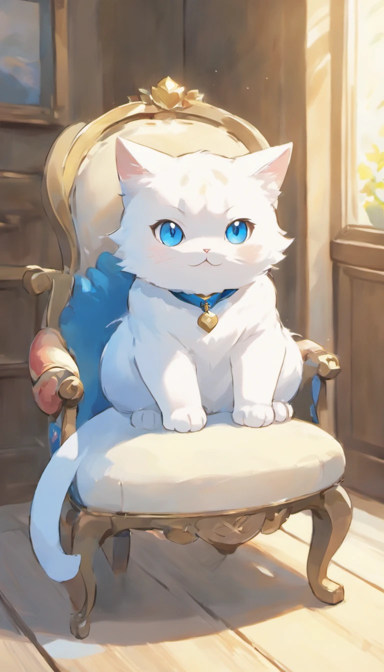 White cat、Blue eyes、inside in room、is on the chair、elegance