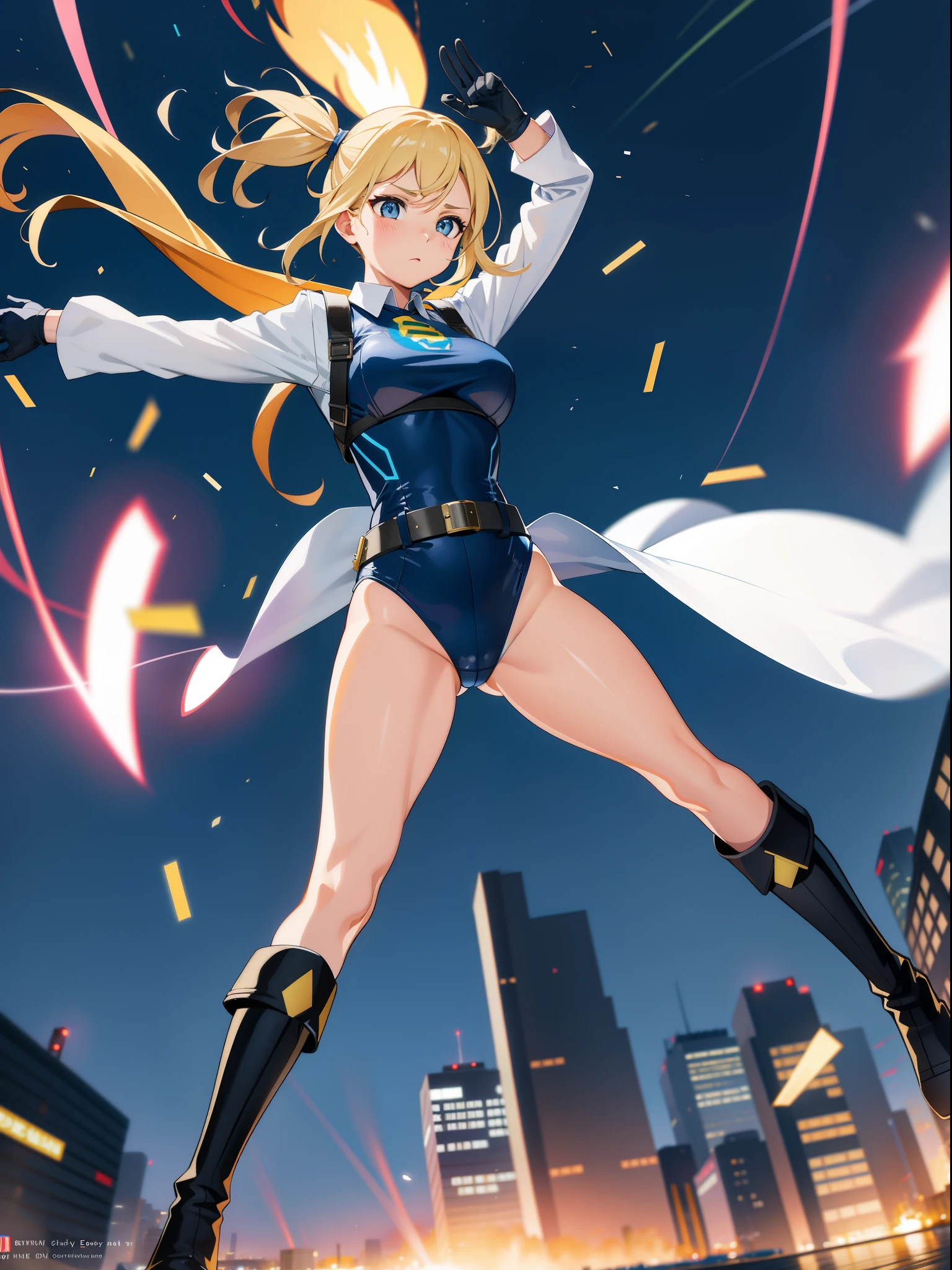 1girl, medium breasts, leotard, high cut leotard, bare legs, belt, boots, gloves, superhero, city backdrop, solo, single, raised arms, standing, twirling, spinning like a tornado, wind swirls surrounding her body, energy emitting from her body, full body shot, cowboy shot, superpower, tornado spinning, rapid gyration, super speed, speed lines, tornado wind swirls surrounding her body, super spin