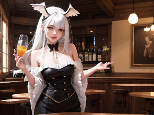 (masterpiece), (Highly quality), bar scene, old west saloon style, ((two women)), friends at party, 1-[a woman with feather wings, (white wings), white feathers(( platinum hair, long hair)), female representation of an angel, (tooty smile expression)].  2- [A woman with fur wings, bat wings, (dark wings), ((black hair, short hair)), female representation of a demon, (suspicious expression)].  The two talk, in a bar, Wide scene, internal scene, large environment, (saloon table), end of the night, bottles scattered, few people in the room