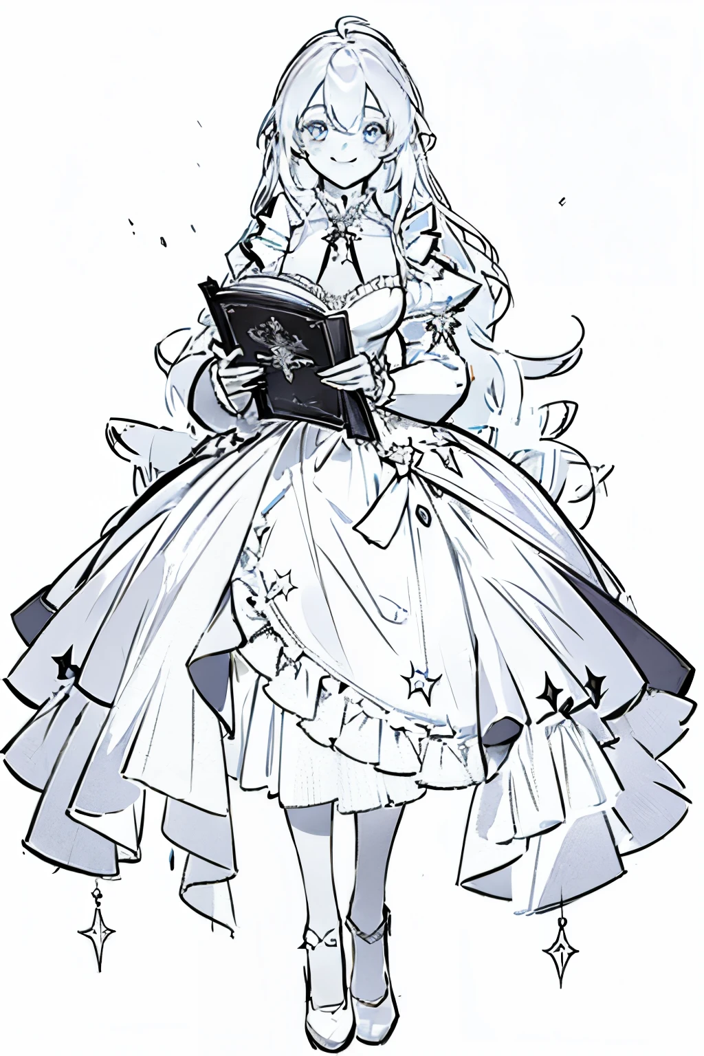 best quality, high resolution, clean background, high contrast, 1 girl, close-up of the head, white background, clean line drawings, vibrant colors, vtubermodel of 1girl , dress, holding a magical book , high quality , extra detailed , rendered, white background, full body, smiling,