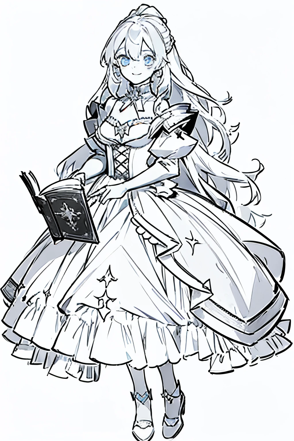 best quality, high resolution, clean background, high contrast, 1 girl, close-up of the head, white background, clean line drawings, vibrant colors, vtubermodel of 1girl , dress, holding a magical book , high quality , extra detailed , rendered, white background, full body, smiling,