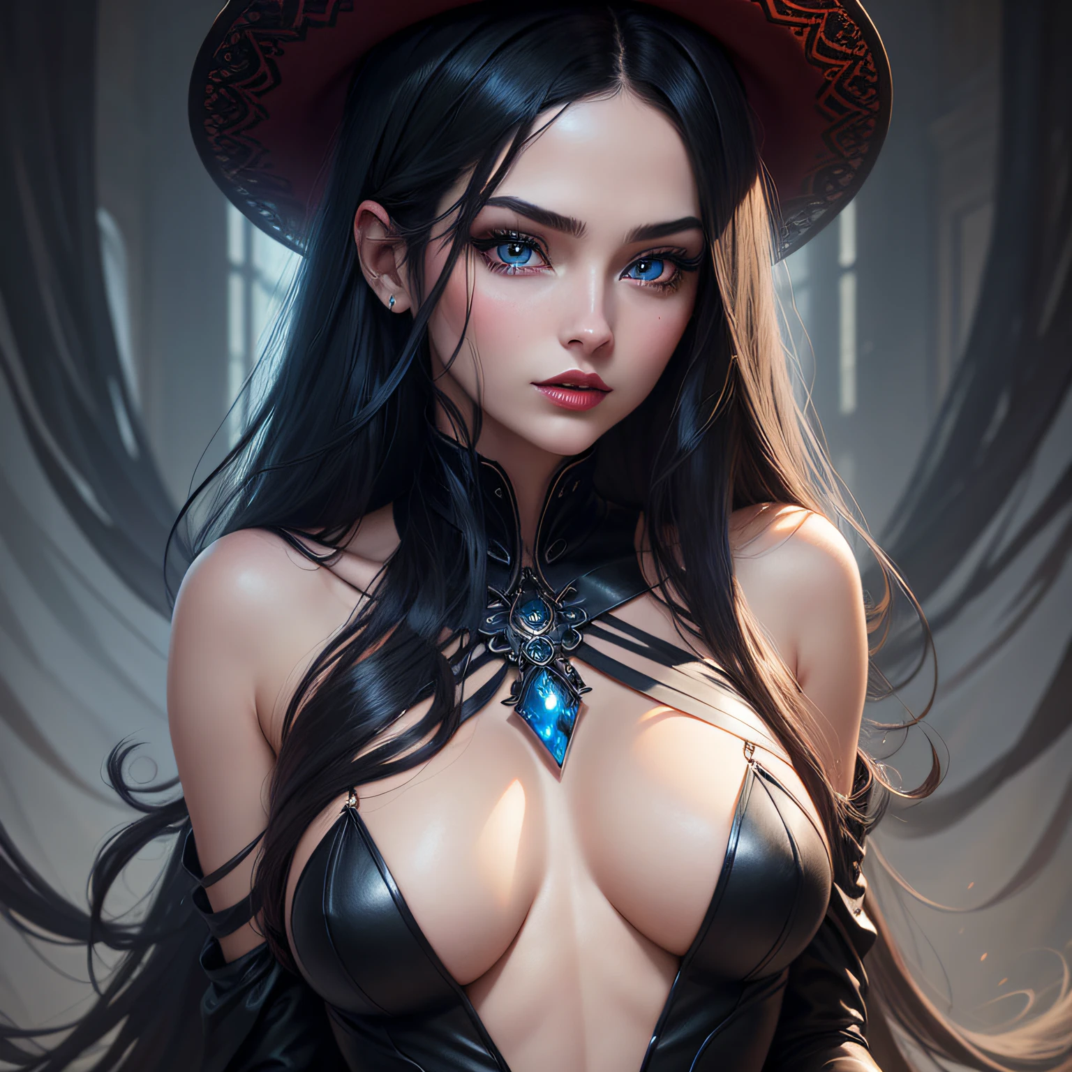 close up, beautiful, sophisticated, 1girl, powerful Shadow Wizard, hourglass figure, small breasts, silky black dress (bare shoulders), symmetrical, highly detailed face, long flowing black hair, alluring blue eyes, lush red lips, enticing, alluring, facing viewer, looking at viewer, Artgerm, dark fantasy, purple smoke swirls around her, real, high detail, best quality