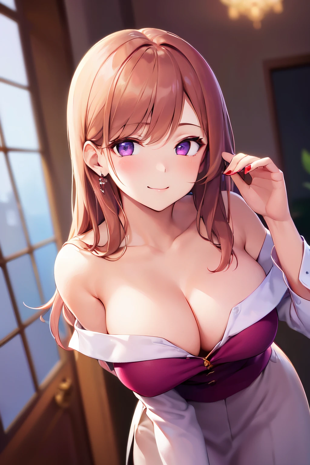 Touching ear, (leaning forward:1.5), from above, dutch angle, ​masterpiece、top-quality、25 year old woman with light chestnut hair and long purple eyes、(red off shoulder blouse:1.3)、Cleavage is visible、(A shy and gentle smile:1.3)、(Staring:1.5)、The background is a luxury party venue、Bold composition、Upper body is shown、Alone、