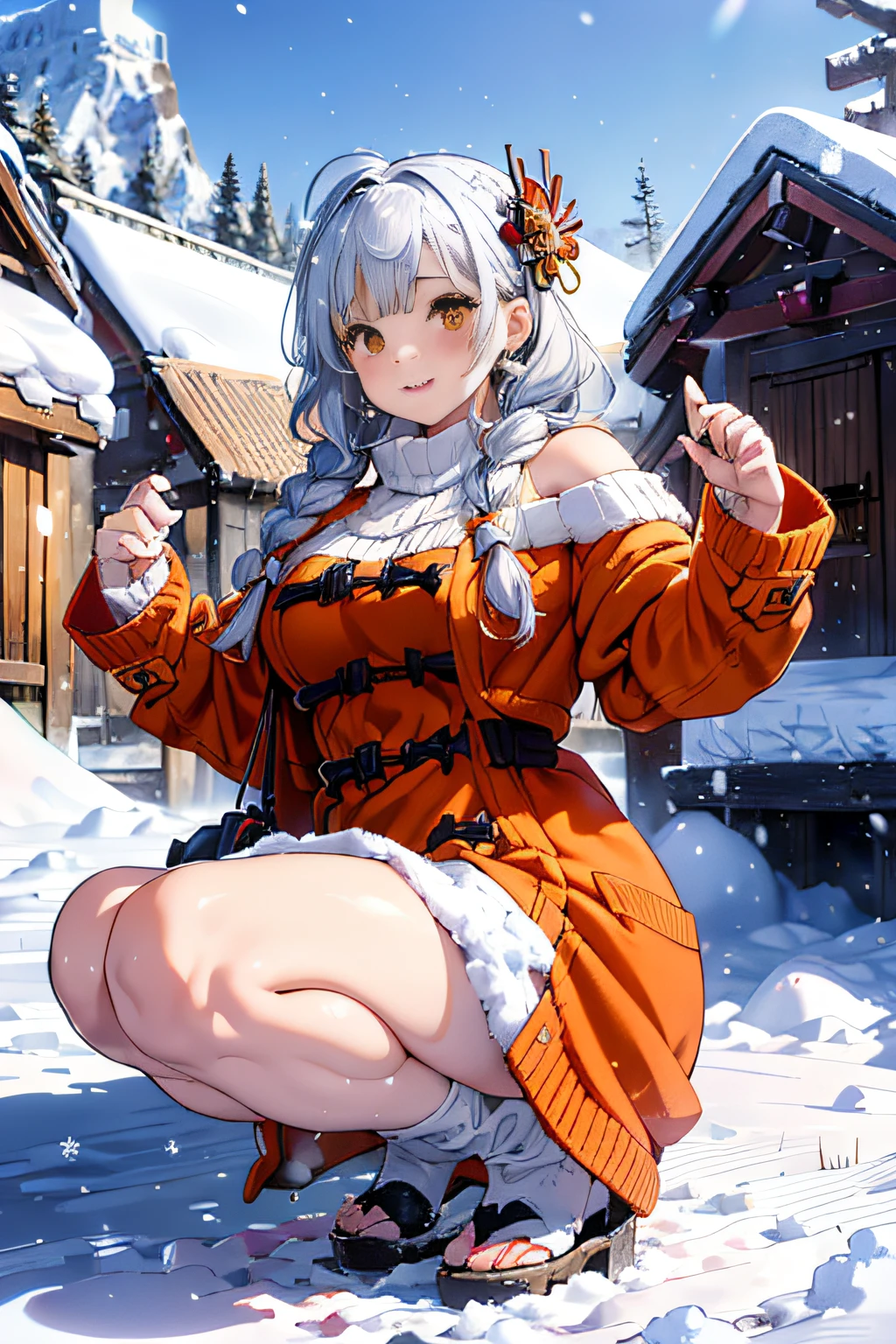 (ukiyoe painting:1.3),(3D Animation:1.3),(((squat in the snow:1.3))),(covered in snow:1.3),(((Snow on the body:1.3))),(Make the subject look three-dimensional with the contrast of light and shadow),(((Winter snowy mountain climbing scenery:1.3))),(((Against the backdrop of the morning sun))),cute and beautiful adult woman,Cute round face,Cute smile,with blush cheeks,Red Lip,(((Orange Open Short Duffle Coat:1.3))),(((Off-the-shoulder sweater dresses:1.3))),Knitted hats,long boots,gloves,(silver white hair,Floral braided headband,half up、Floral Braided Space Van,Voluminous Fishtail Braids,Twisted chignon,),(Bangs are see-through bangs),hair pin,hair adornments,(((Emphasize large breasts:1.3))),breast slip,detailed clothes features,Detailed hair features,detailed facial features,(Dynamic angles),(Dynamic and sexy poses),profetional lighting,Cinematic Light,(masutepiece,top-quality,Ultra-high resolution output image,) ,(The 8k quality,depth of fields,Anatomically accurate facial structure,),(Sea Art 2 Mode:1.3),(Image Mode Ultra HD,)