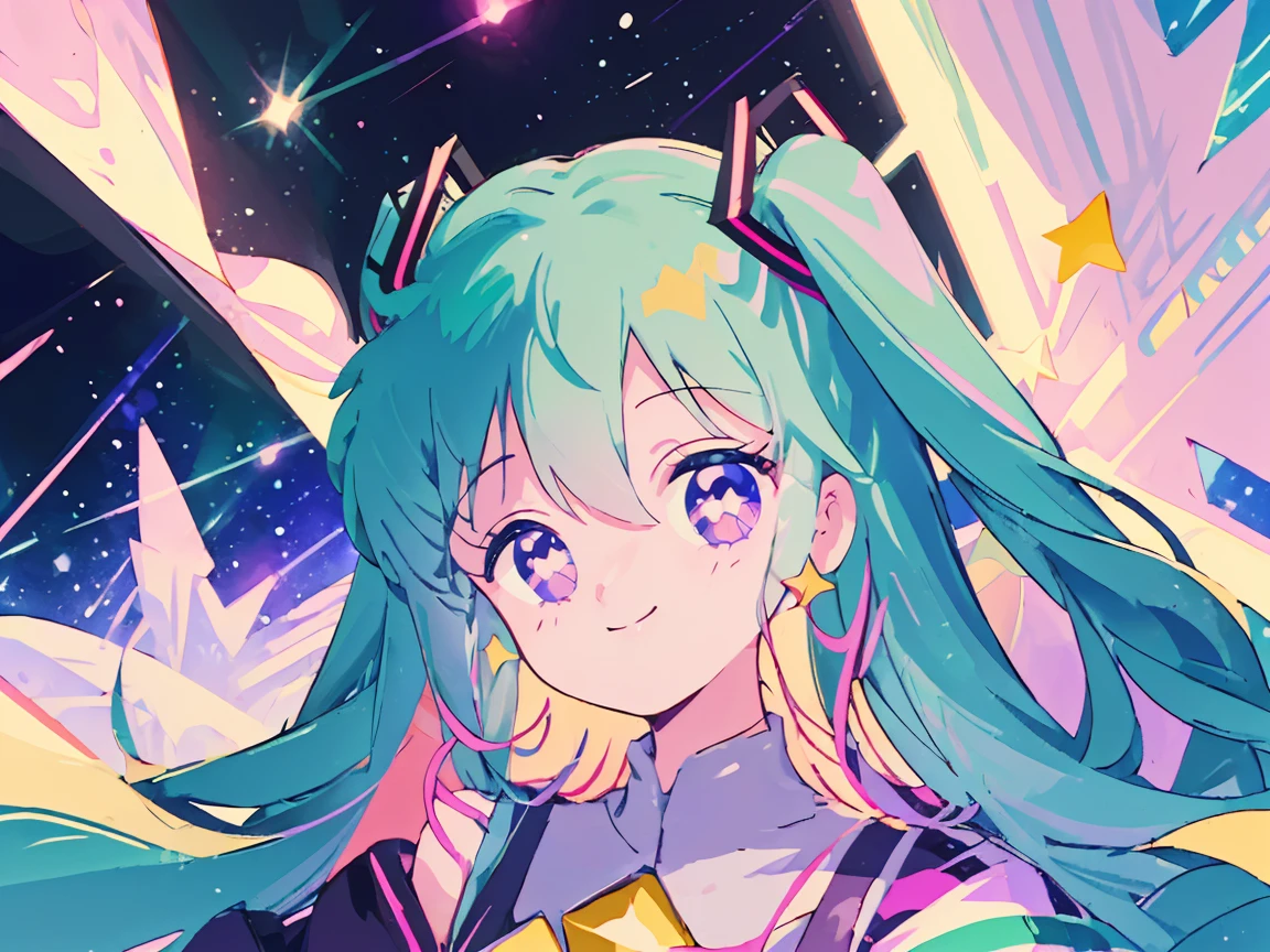 (1girl),(Pop style,flat colors,star pattern,pastel,shiny eyes,Smile,Cosmic atmosphere,colored lineart,outline,simple,Night background, macro shot,pastel night aesthetic),((Masterpiece)), hatsune miku, full height