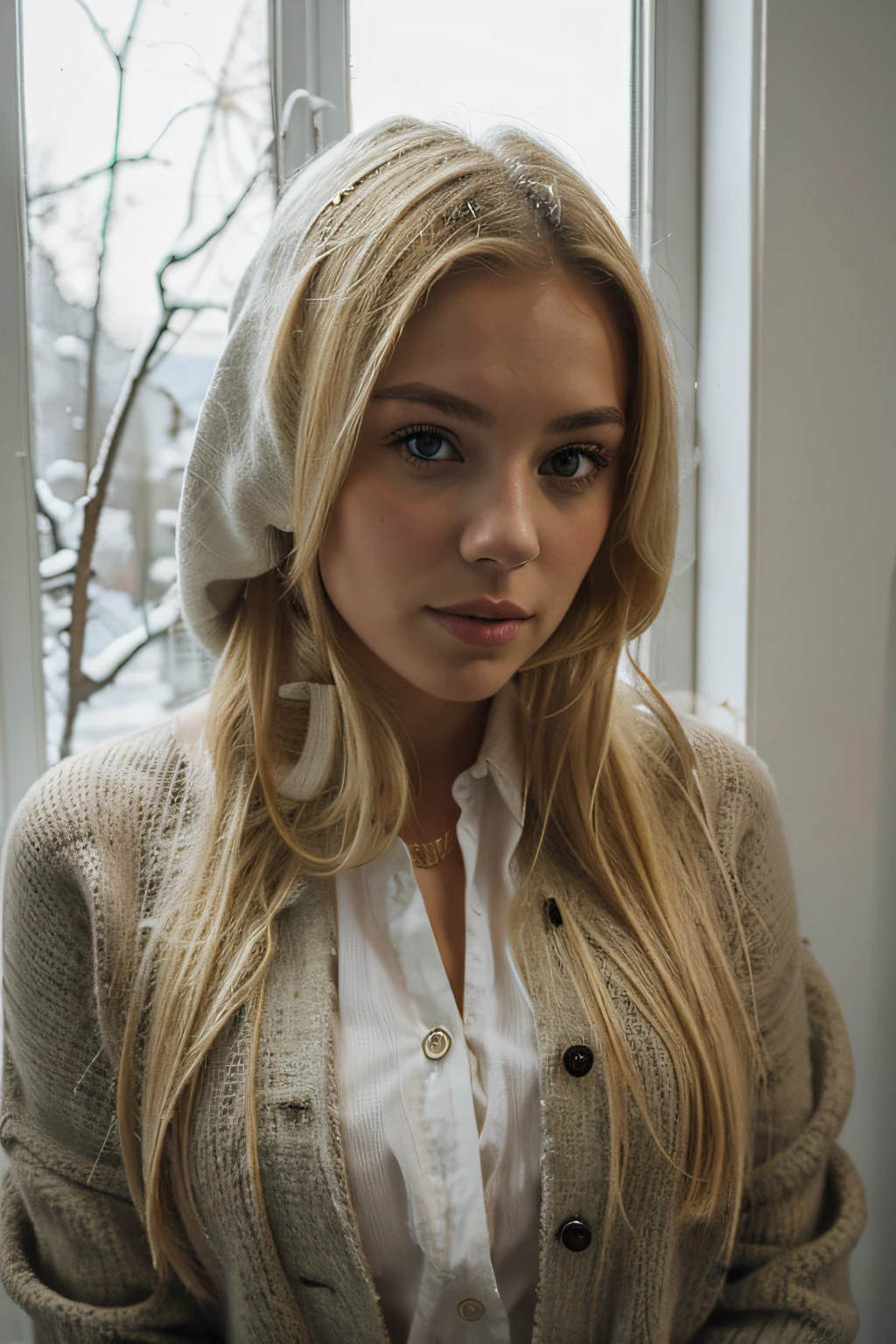 Girl with blonde hair see through window winter mood