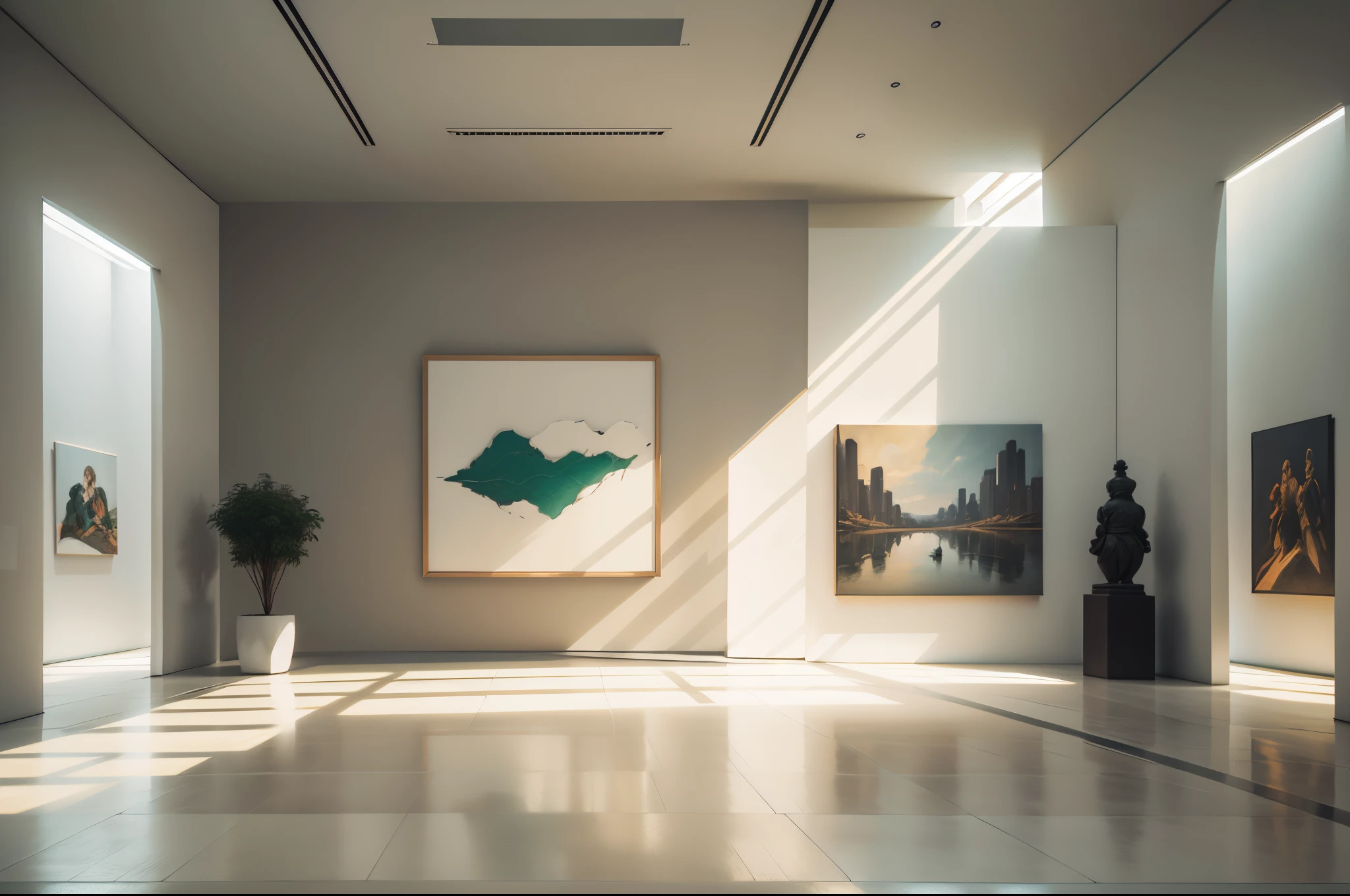 Depicting an exhibition wall at the Museum of Modern Art,There are paintings on the walls,There is an open door on the wall,See the space behind through the door,Museum of Modern Art,simple backgound,Large depth of field,(without humans:1.6)