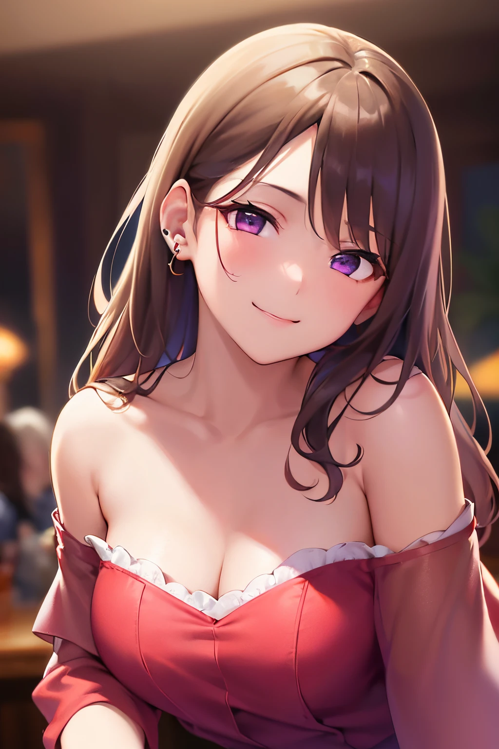 (Touching ear:1.2), (leaning forward:1.5), from above, dutch angle, ​masterpiece、top-quality、25 year old woman with light chestnut hair and long purple eyes、(red off shoulder blouse:1.3)、Cleavage is visible、(A shy and gentle smile:1.3)、(Staring:1.5)、The background is a luxury party venue、Bold composition、Upper body is shown、Alone、