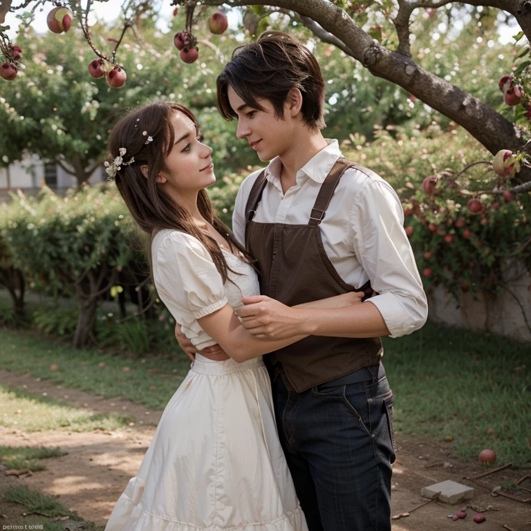 Casal adolescente, um garoto e uma garota, embraced romantically under an apple tree, romantic anime style
