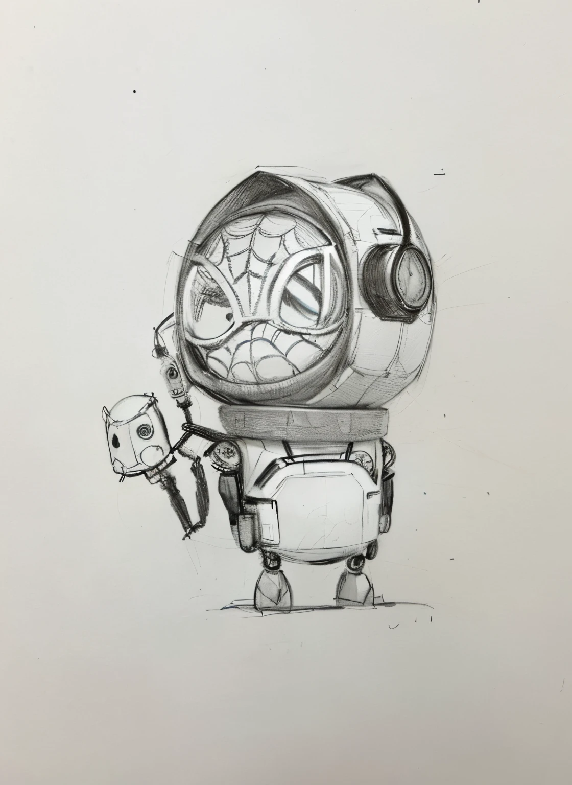 There is a clock on his face，Very futuristic and technological、Robot carrying backpack diagram, anthropomorphic robot [ thing ], creepy explorer sketch, portrait of a little man, octopus wearing a spacesuit, as an anthropomorphic turtle, gray anthropomorphic, Portrait of Spider-Man, Minions play Lovecraftian monsters, pencil doodle, Portrait of Lucha Libre DJ