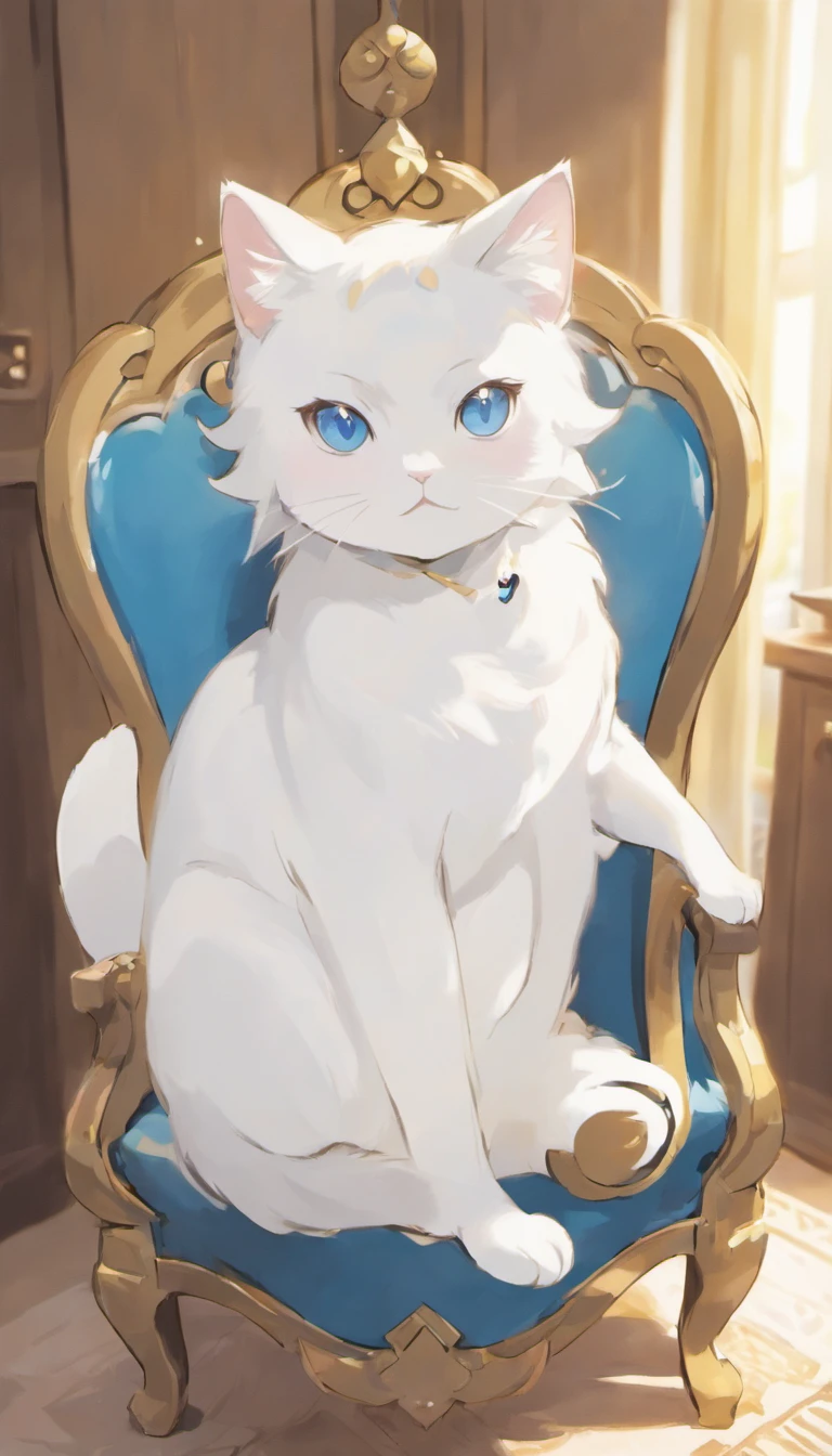 White cat、Blue eyes、inside in room、I'm on the chair、Elegance、narrow her eyes