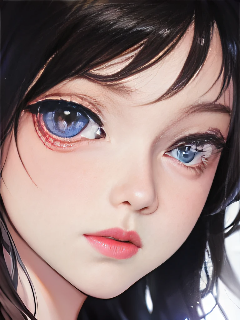 Close-up of facial features, Anime manga girl, black hair color hair, 黑The eye, Blackn clothes, black cats