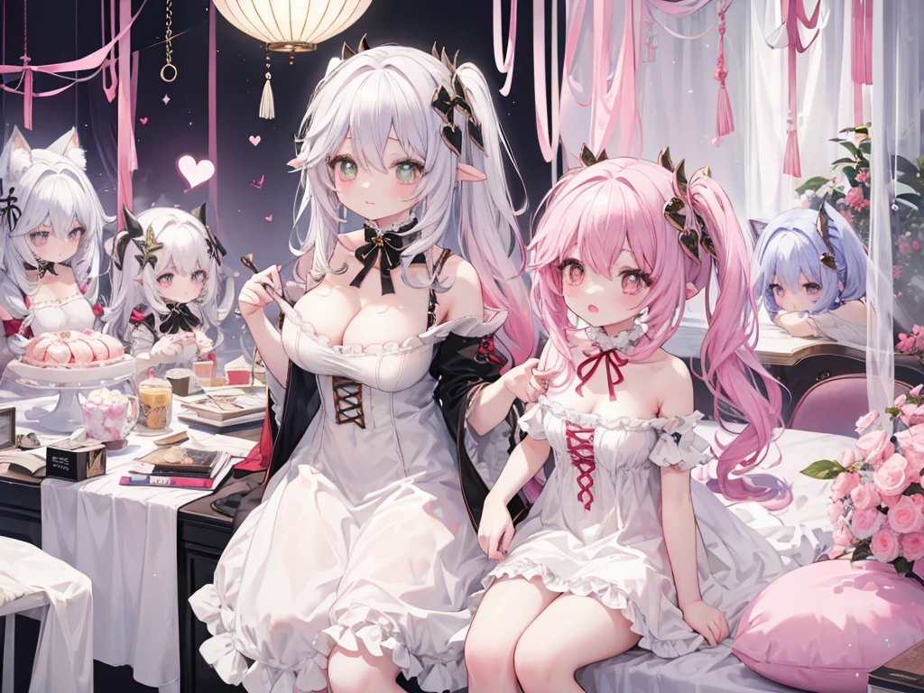 1人、Too large breasts、爆乳、cleavage of the breast、Lolclothes with lots of ribbons and frills、big ribbon on the head、fluffy and soft hair、Pale atmosphere、cute lolita room、Sunshine、Choker on ribbon、I see underwear.、garter belt made of lace、garnet brooch、Too large breasts、Sparkling eyes、heart mark、kawaii、爆乳