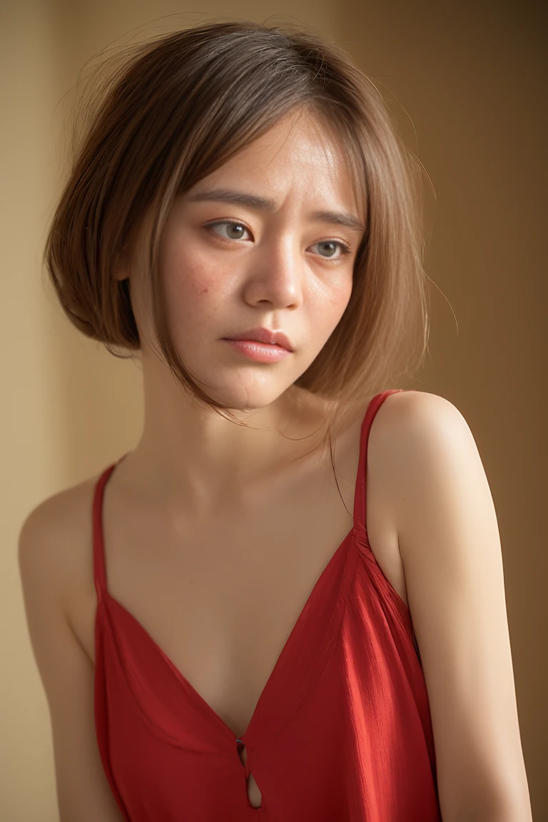 (((Japanese 78 year old mature woman))),top-quality, masterpiece, hight resolution, Photorealsitic, Raw photography, flawless, profetional lighting, ighly detailed, depth of fields,sand beach, (((78-year-old))), (((Wrinkles on the face))),(Nasolabial folds on the face),(((There are stains on the body))) chubby figure, Female sexy, Detailed face, beautidful eyes, bangss,(((droopy chest))), Straight light brown hair that reaches to the shoulders, Faint lips, ((stand facing forward、Staring at the viewer'serious face eyes.)),Red doll,(full bodyesbian),(((opening legs))),