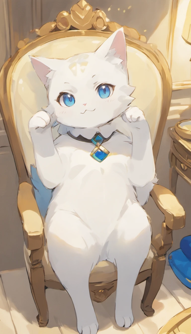White cat、Blue eyes、inside in room、i&#39;me on the chair、Elegance、narrow her eyes