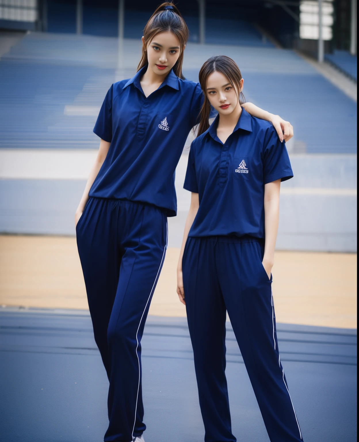 (bestquality,10,10,highres,masterpiece:1.2),ultra-detail,(Realistic,photorealistic portrait,photo-realistic:1.37),1 Cute girl in the football field,oily shiny skin,bara,light smile,BDclothes,((blue shirt:1.3)),short sleeves,shirt, trousers.,(navy_long_Pants Track:1.1), ((Stadium Background:1.3)),dynamic angle,excited,face focus,Dynamic Poses,from behide,Ass Focus,masterpiece, bestquality, ultra realistic, hyper-detail, 8k resolution, RAW photo, crisp focus, ((Navy blue shirt:1.1)), short sleeves, Long Path, Perfect body, 2 mature women, 18yo, cinematic light,Blue sweatpants,Gymware,Correct anatomy,Complete body, Correct body, sharp face, Anatomically correct body, full entire body, Realistic gestures, long-haired, Realistic poses,Wear long shorts................,Long leg span,Shapely,Sculpting Girl, Slender Figure, mannequin mannequins, Shapely, Beautiful body,Blue sweatpants, Two girls kissing
