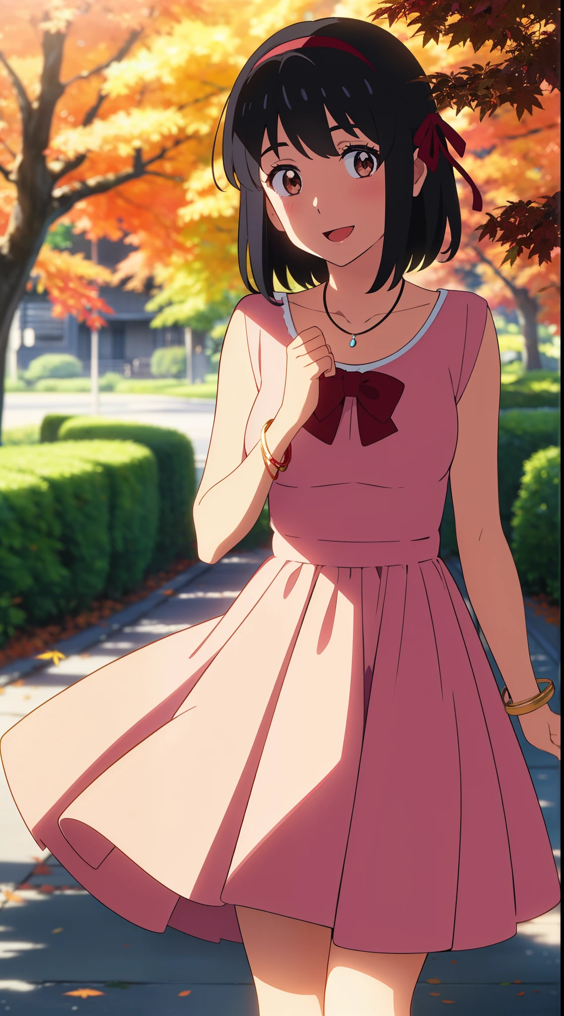 (masterpiece, best quality, high quality, highres, ultra-detailed), shinkai makoto, kimi no na wa., 1girl, bangs, black hair, blush, bright eyes, brown eyes, headband, looking at the viewer, red bow, red headband, red ribbon, dress, pink dress, short hair, medium breasts, solo, day, Outdoors, shiny skin, standing, shadow, smile, happy, :D, bracelet, necklace, upper-body, {{{{{{in autumn}}}}}}, maple tree, falling leaves, autumn scenery, warm color., beautiful, pretty, {{{{fluttering leaves}}}}