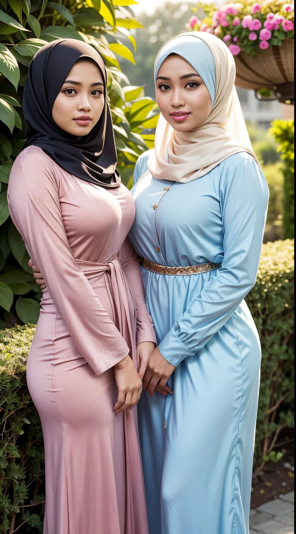 RAW, Best quality, high resolution, masterpiece: 1.3),2 beautiful Malay women in hijab (iu:0.8), perfect nose, perfect lips, perfect eyes, detail :1.2),((big breasts)),2 Malay girls, detail , watery eyes, RAW, Best quality, high resolution, work: 1.3),big breasts, perfect nose,perfect lips, perfect eyes, detail :1.2),soft smile, 2 malay women in hijab posing for photo in flower garden, wearing clothes eloquent long, full body image, big breasts, gentle smile, beautiful face, clothing design, intertwined full body look, diverse clothing, elegant and elegant, simple!, office wear, full body shooting, fully dressed!!!