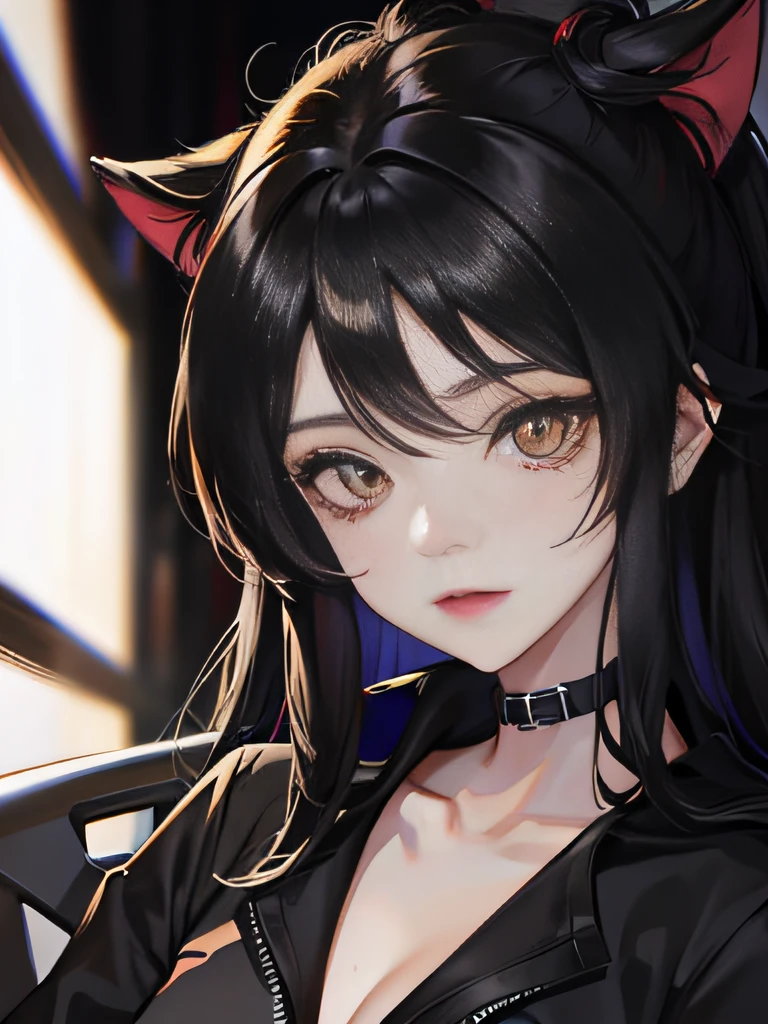 upperbody closeup, Anime manga girl, black hair color hair, 黑The eye, Blackn clothes, black cats