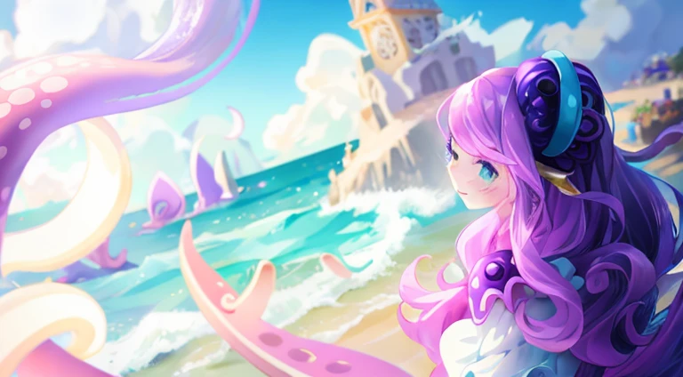 Close-up of a cartoon girl with long hair and purple dress, concept art magical highlight, oda&#39;sea monster with tentacles behind it，There is a core at the center of the sea monster，Girly frontline style, Mana flows around it，blue tint