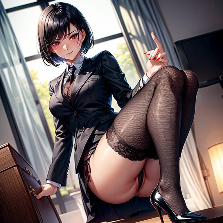 A woman in a suit with short black hair、a miniskirt、high-heels、black attache case、Beautiful fingertips、beauty legs、red blush、Ecstatic look、Camel hoof、Black stockings、pussy juice,pussy,vagina,garterbelts、Sheer black lace panties