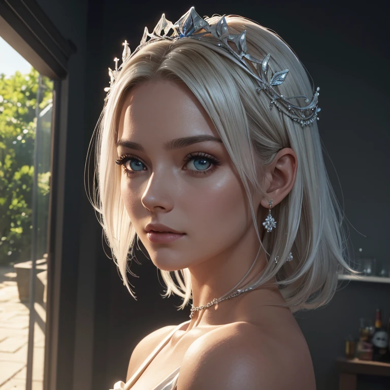 Uma Mulher Realista com cabelo platinado:, em um vestido de flores de gelo, a beautiful crown on her head, Rosto detalhado, pele detalhada, frente, fundo floresta congelada, cobrir, Deszoom, Gargantilha, pintura hiperdetalhada, Luminismo, bar lighting, Complexo, Roghness style, Background Clean, Hyper Realistic, Ultra High Definition, Super Detailed, 16k, Natural Lighting, Medium Exposure, Soft Shadows, medium contrast, Professional Color Grading vivid,Tone mapping,VFX, Ray tracing reflections, Exposure lights lumen, Anti-aliasing TSR, HDR,