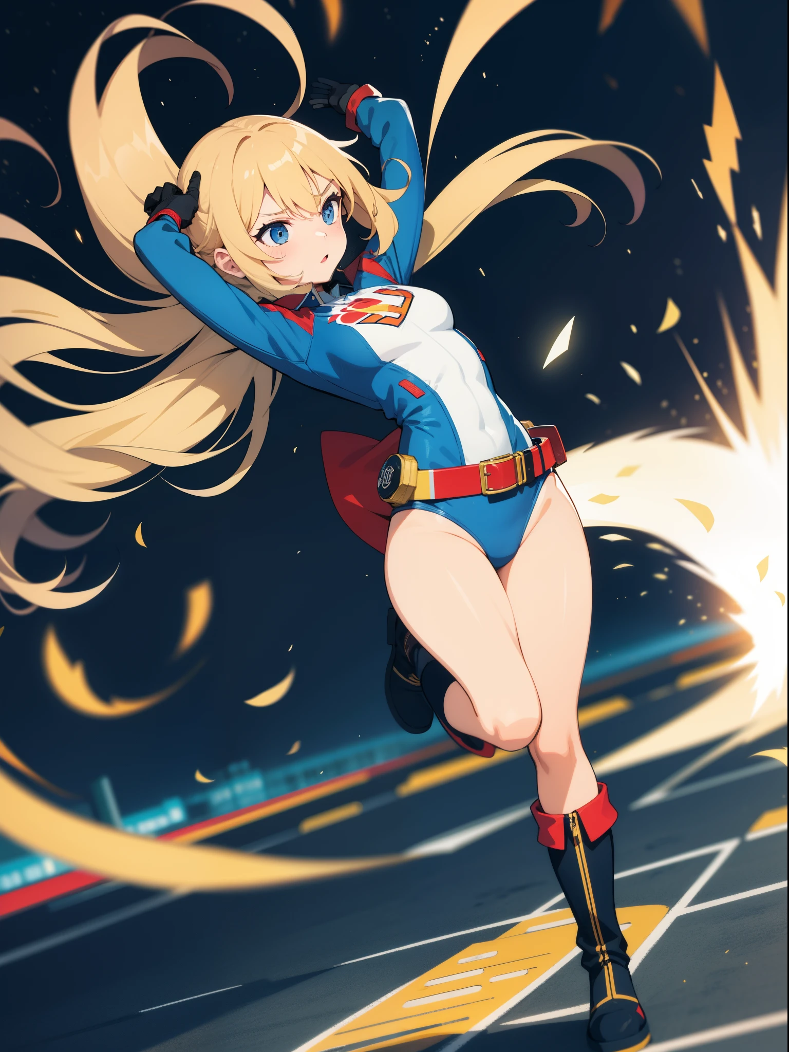 (best-quality:0.8), (best-quality:0.8), perfect anime illustration, pretty woman, superhero, leotard, bare legs, knee boots, aura surrounding her body