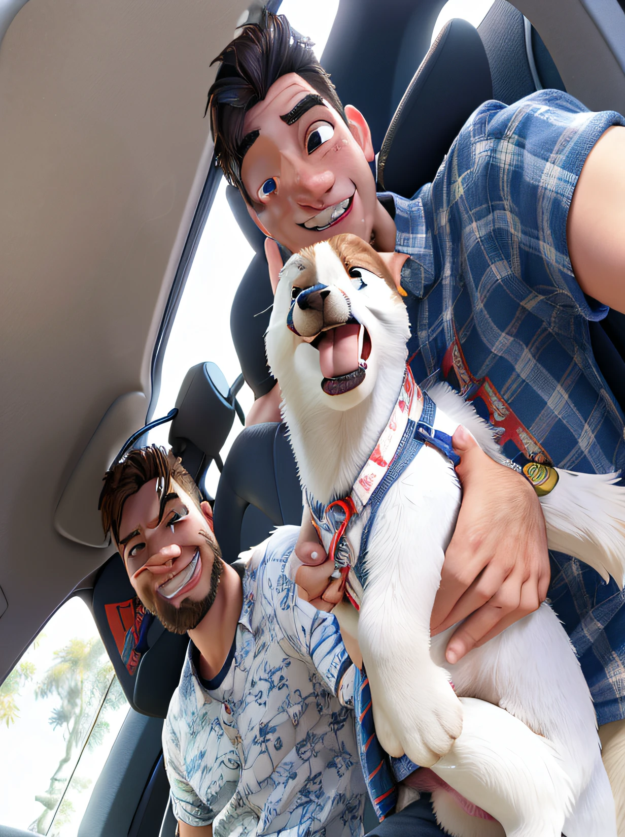hay dos hombres, dos hombres sentados en la parte trasera de un auto con 1 perro de raza puddle, el perro esta sonriente, selfie de un perro, Foto selfie, he is very happy, with a happy expression, Sonrisa amistosa. El perro esta feliz con la lengua hacia afuera, perro blanco, hembra.
