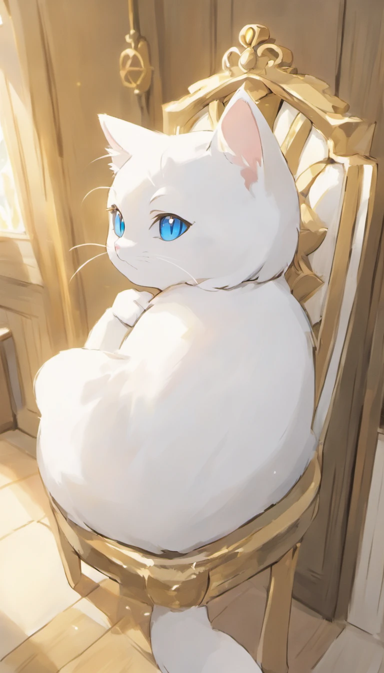 White cat、Blue eyes、inside in room、lying on the chair、Elegance、narrow her eyes