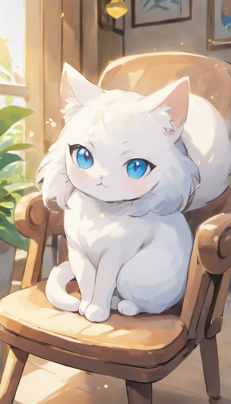 White cat、Blue eyes、inside in room、lying on the chair、Elegance、narrow her eyes