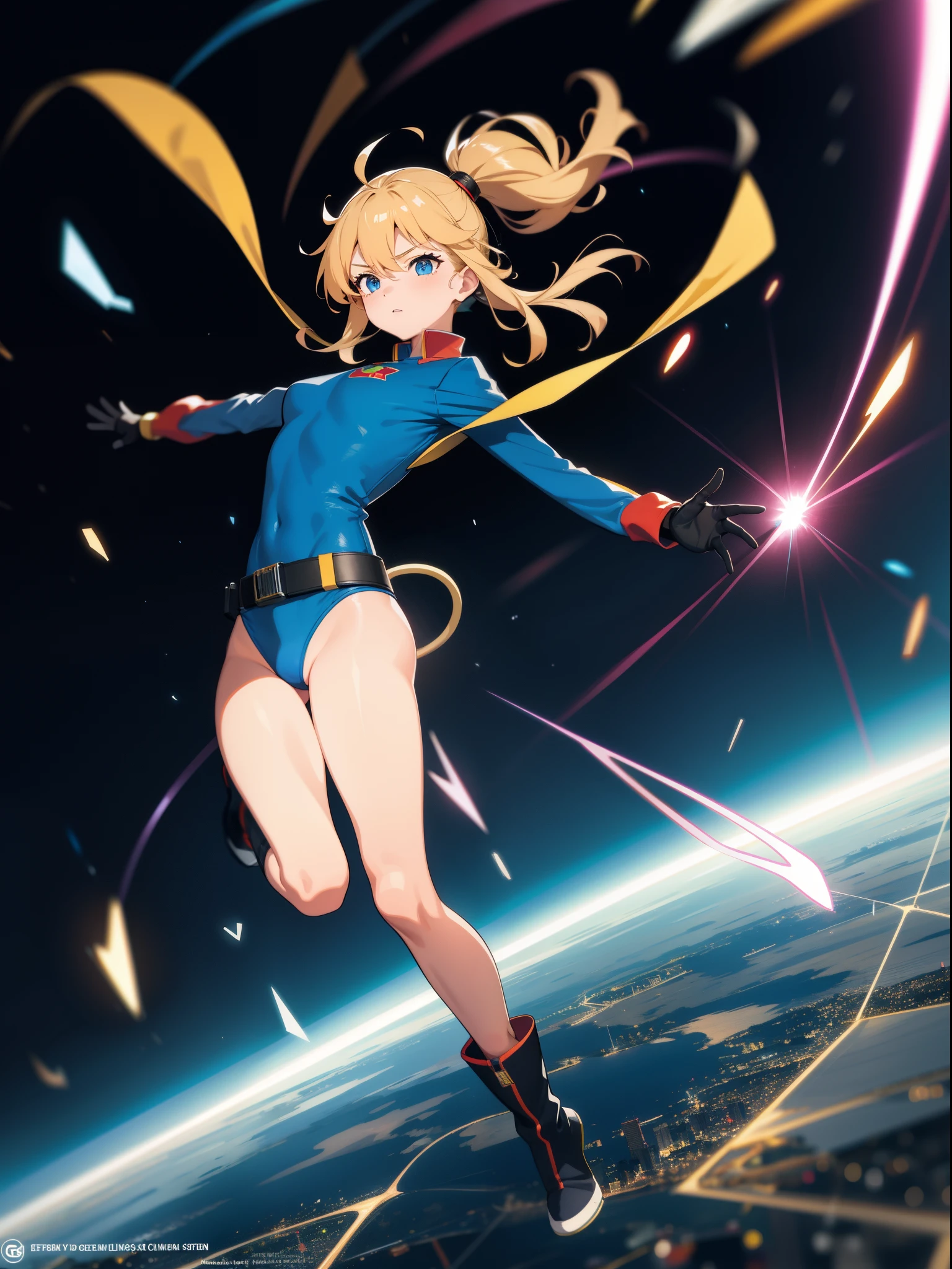 1girl, medium breasts, leotard, high cut leotard, bare legs, belt, boots, gloves, superhero, city backdrop, solo, single, raised arms, standing, twirling, spinning like a tornado, wind swirls surrounding her body, energy emitting from her body, full body shot, cowboy shot, superpower, tornado spinning, rapid gyration, super speed, speed lines, tornado wind swirls surrounding her body, super spin, light particles, spiral spinning