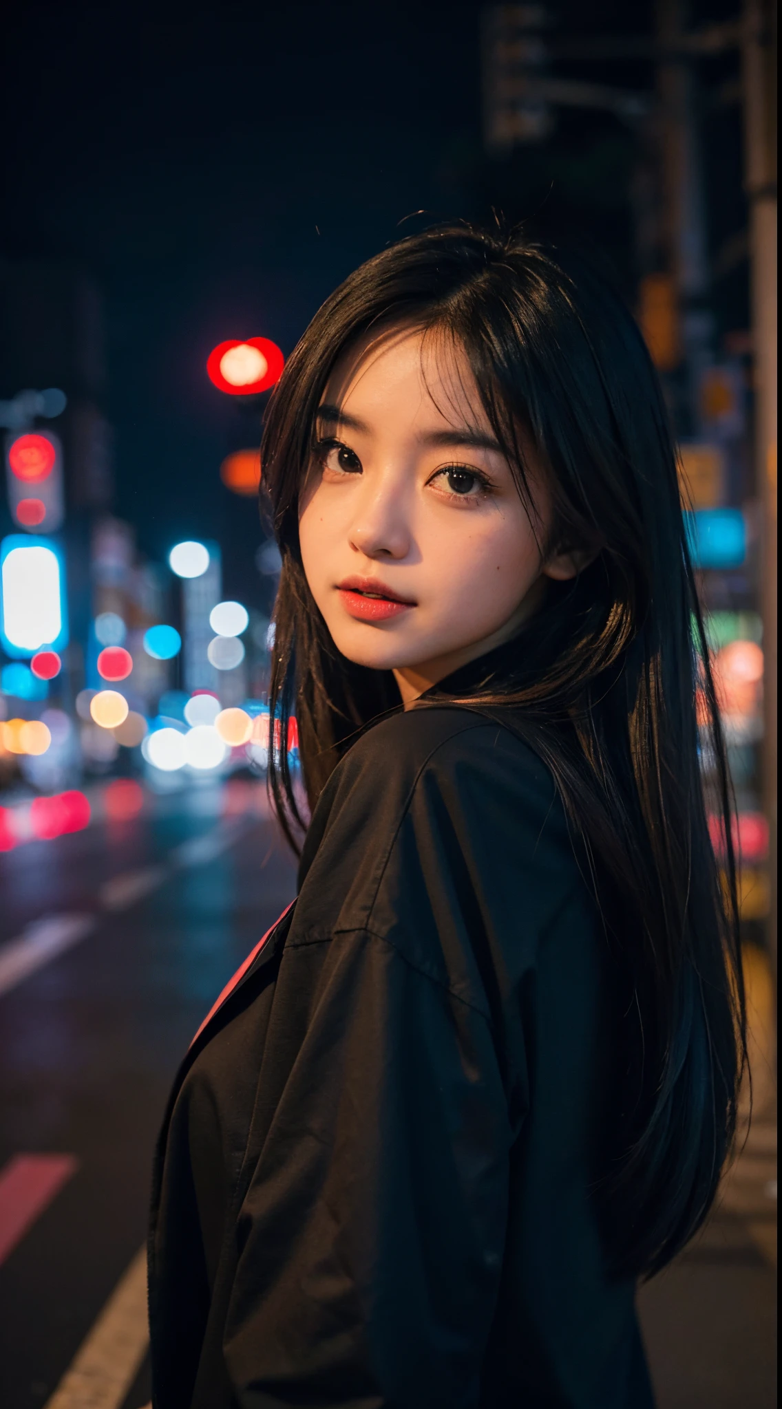 1girl, Tokyo street,night, cityscape,city lights, upper body,close-up, 8k, RAW photo, best quality, masterpiece,realistic, photo-realistic,