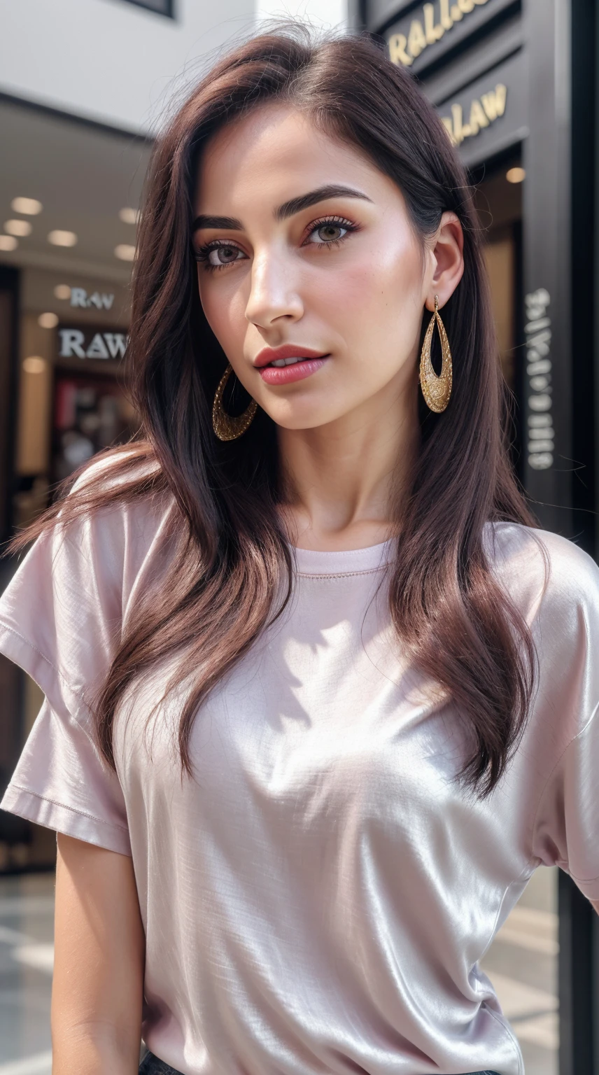 (RAW photo, realism: 1.8), (dark lip gloss, light red lipstick, many eyelashes, dark black eye shadow, very shy, very blushing, high quality, high resolution, depth of field, chromatic aberration, caustic, wide light, natural colors, 30 year old woman), neck thin gold chain, small earrings, gold bracelets, wear many accessories, small toned breasts, style A good woman, fair glowing pink skin, ((Best Quality, 8k, Masterpiece:1.3)), Focus: 1.2, Perfect Body Beauty: 1.4, Arabian 30 years old woman: 1.2, ((Short silky Hairs)), (Purple baggy basic tee-shirt:1.1), silk golden tee-shirt, Highly detailed face and skin texture, Detailed eyes, Double eyelids, toned body, Whitened skin, minor smile, small breasts, toned legs, beautiful detailed feets, long heel's, detailed feets and fingers, perfect feet's, toned legs, whitened skin, detailed sharp eyes and face, middle eastern woman, baggy basic tee-shirt, simple plain Baggy Tee-shirt, toned hips, 8K UHD, neck gold chain, model looks, standing outside at ((Dolman Mall Clifton Karachi)) carrying brown leather hand bag, rainy weather, wearing wrist watch, bracelet, bangle's open legs style Posing, rainy atmosphere, standing at Dolman Mall Clifton Karachi,