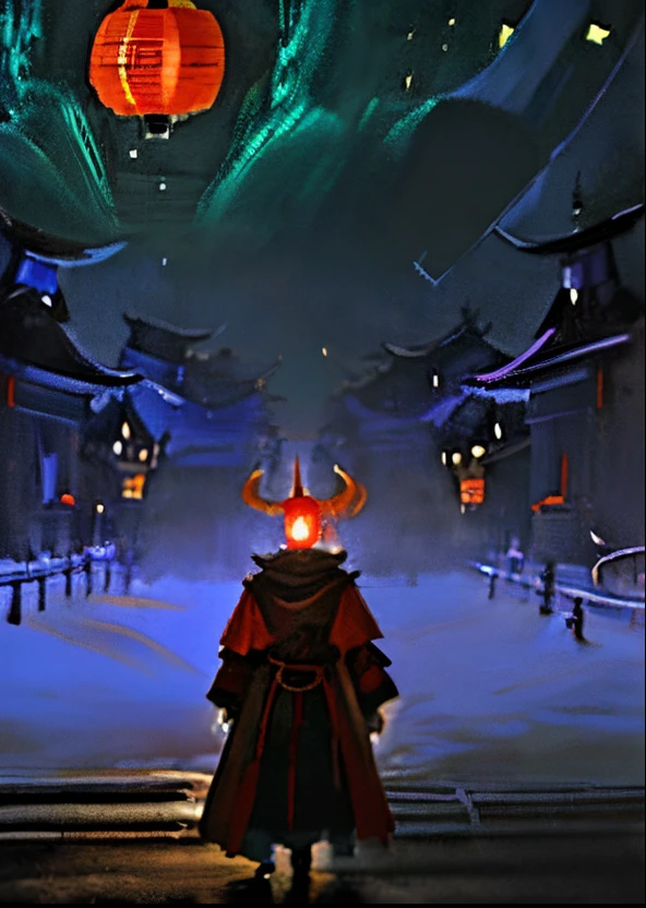 Wearing a red robe、Handheld lantern、Araf with horns, Evil spirits roam with lanterns, Villain wearing red ghost mask, Red lanterns, Portrait shooting, Samurai with devil mask, Take the lantern, Suitable for a male devil with white horns, chinese fantasy, The affable devil among devils, Dress up as an oracle, lanterns, Demon Samurai, Chinese mythology，《Hundreds of Demons at Night》It's heartwarming、A masterpiece of impeccable quality, Describes a mysterious and ethereal atmosphere. Capture the essence of the parade in intricate detail, Immersive lights and shadows, vivd colour, and dynamic angles. Showcasing various supernatural creatures and spirits, Each has its own unique characteristics and expressions. Emphasize the enchanting glow of the lantern, Weird atmosphere under the moonlight, and the mystery of mist. Transports viewers to a world full of otherworldly wonders, Ancient folklore comes to life here，The lines between reality and fantasy become blurred."